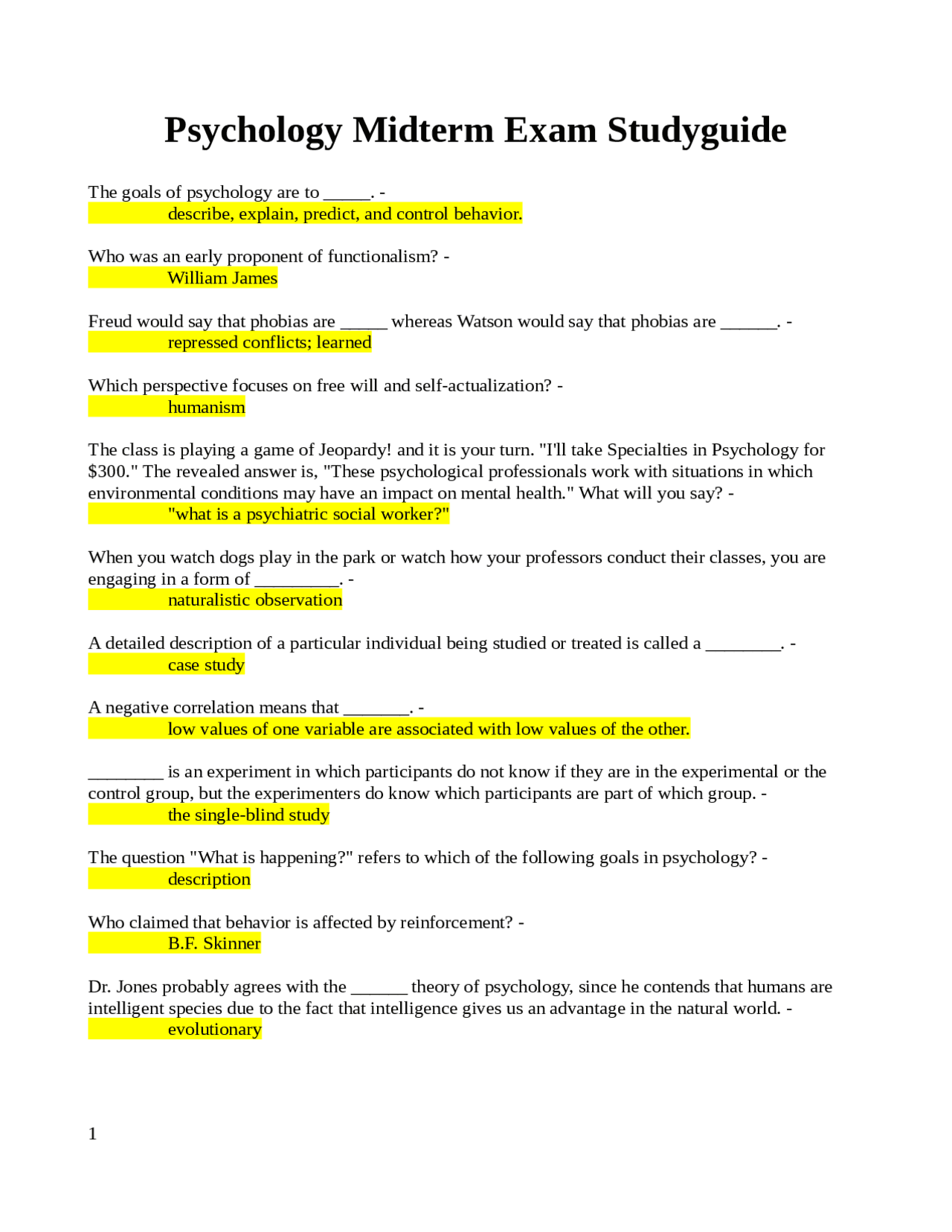 Psychology Midterm Exam Studyguide | Exams Psychology | Docsity
