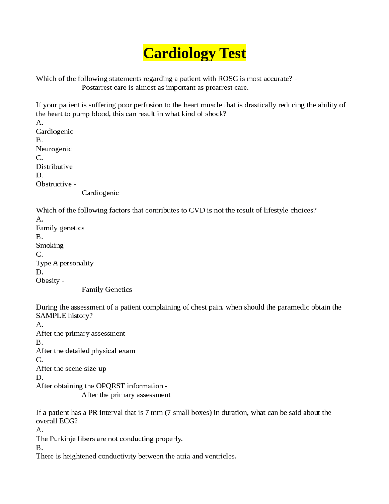 Cardiology Test Cardiology Test | Exams Medicine | Docsity