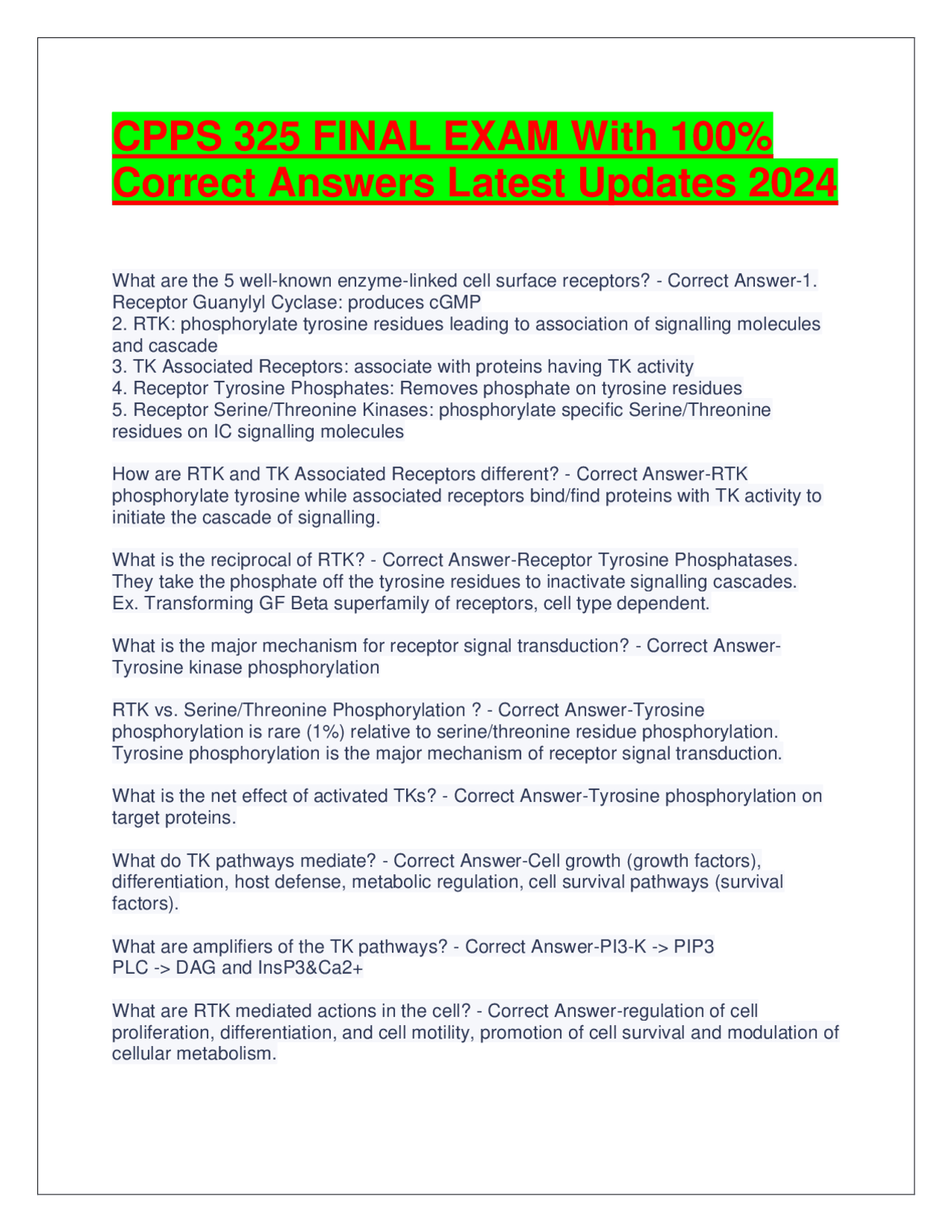 First Aid Rtk Receptor Tyrosine Kinase (RTK) Signaling Pathways | Exams Nursing | Docsity