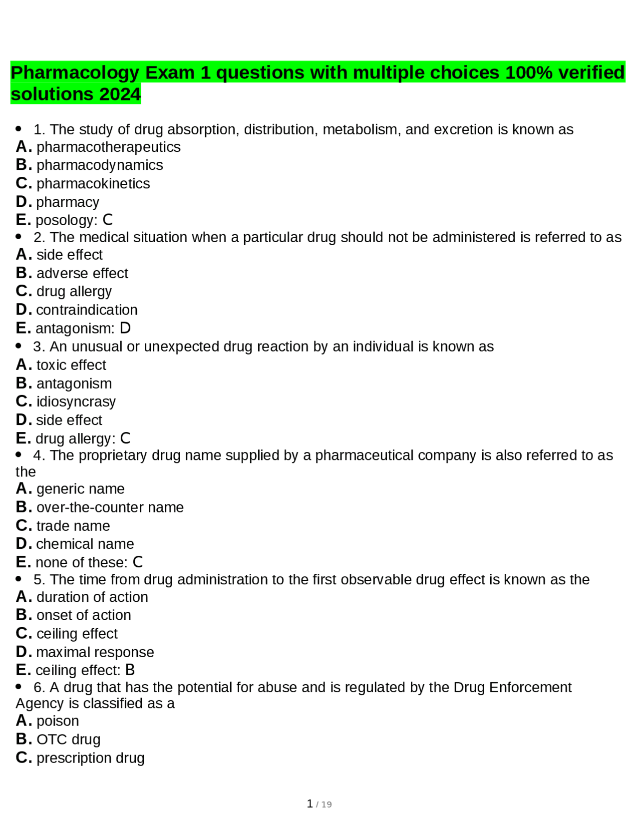 Pharmacology Exam 1 questions with multiple choices 100% verified ...