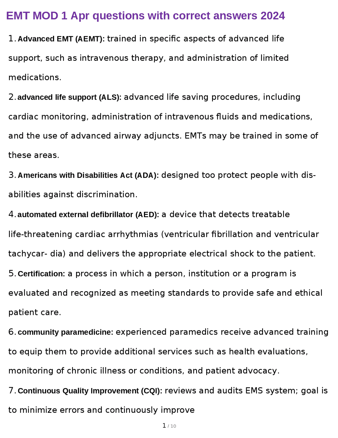 EMT MOD 1 Apr questions with correct answers 2024 | Exams Nursing | Docsity