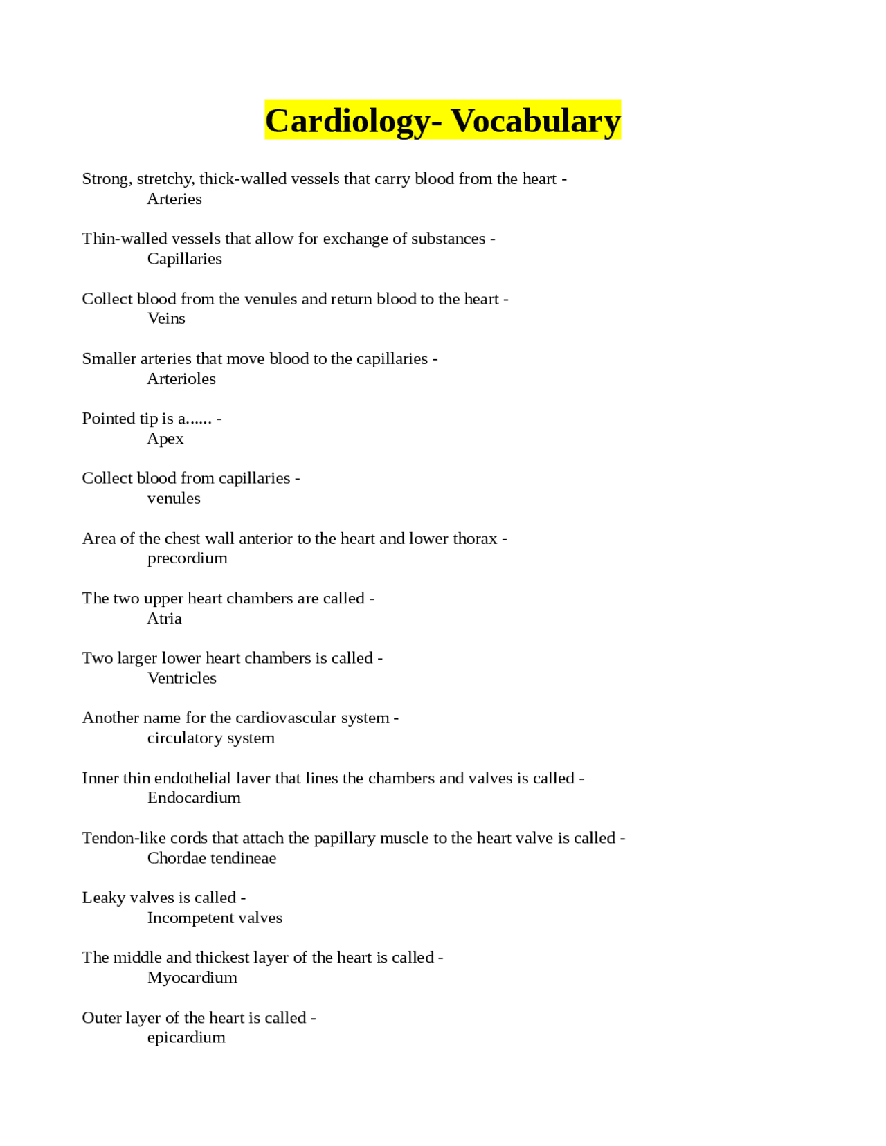 Cardiology- Vocabulary | Exams Medicine | Docsity