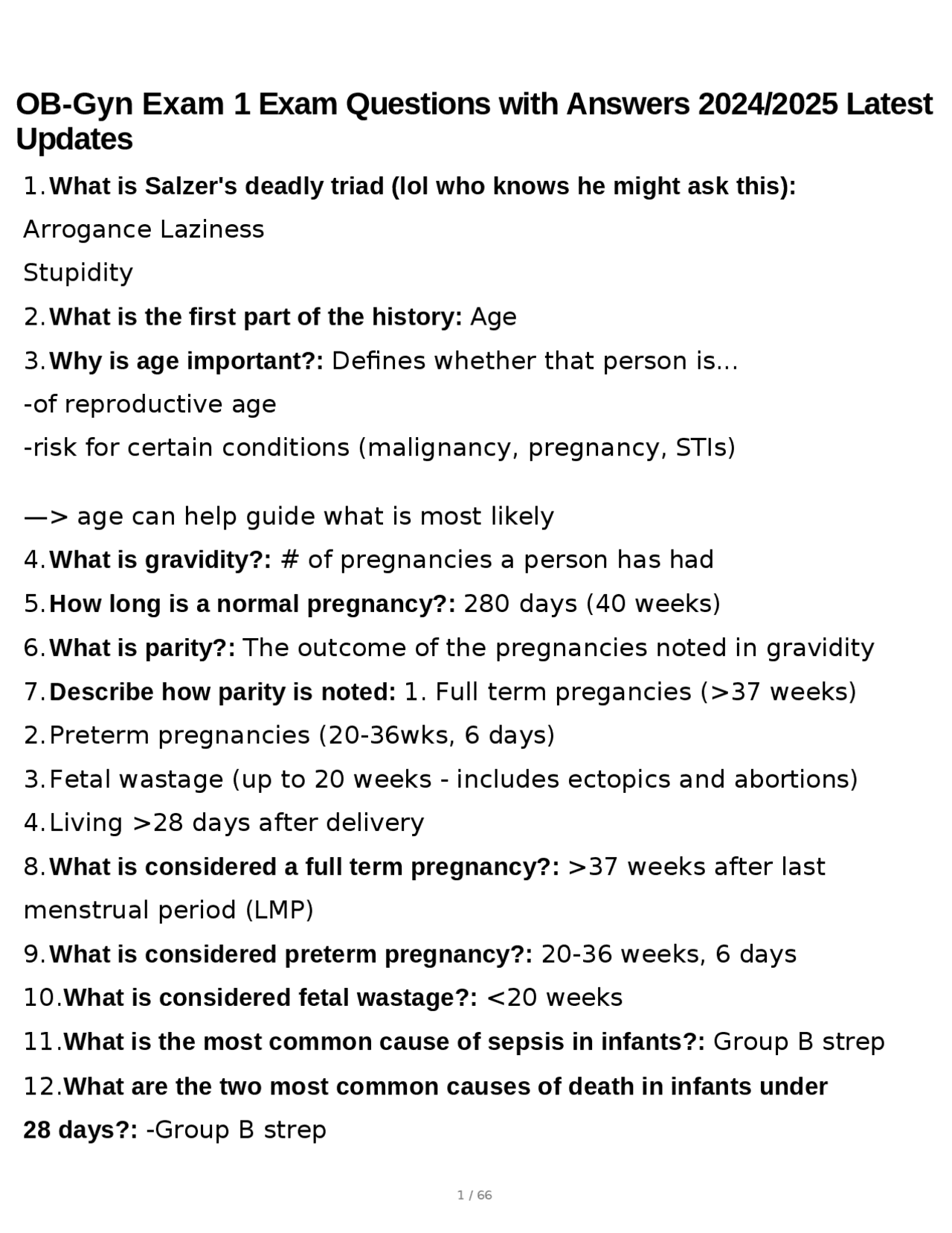 OB-Gyn Exam 1 Exam Questions with Answers 2024/2025 Latest Updates ...