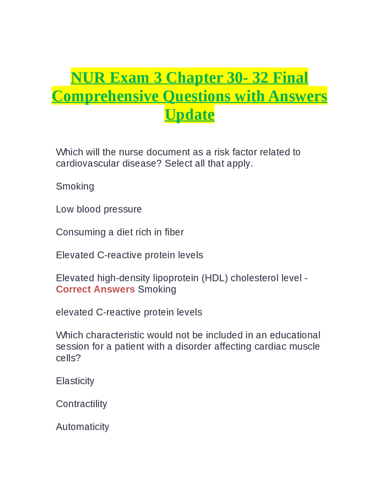 NUR Exam 3 Chapter 30- 32 Final Comprehensive Questions with Answers ...