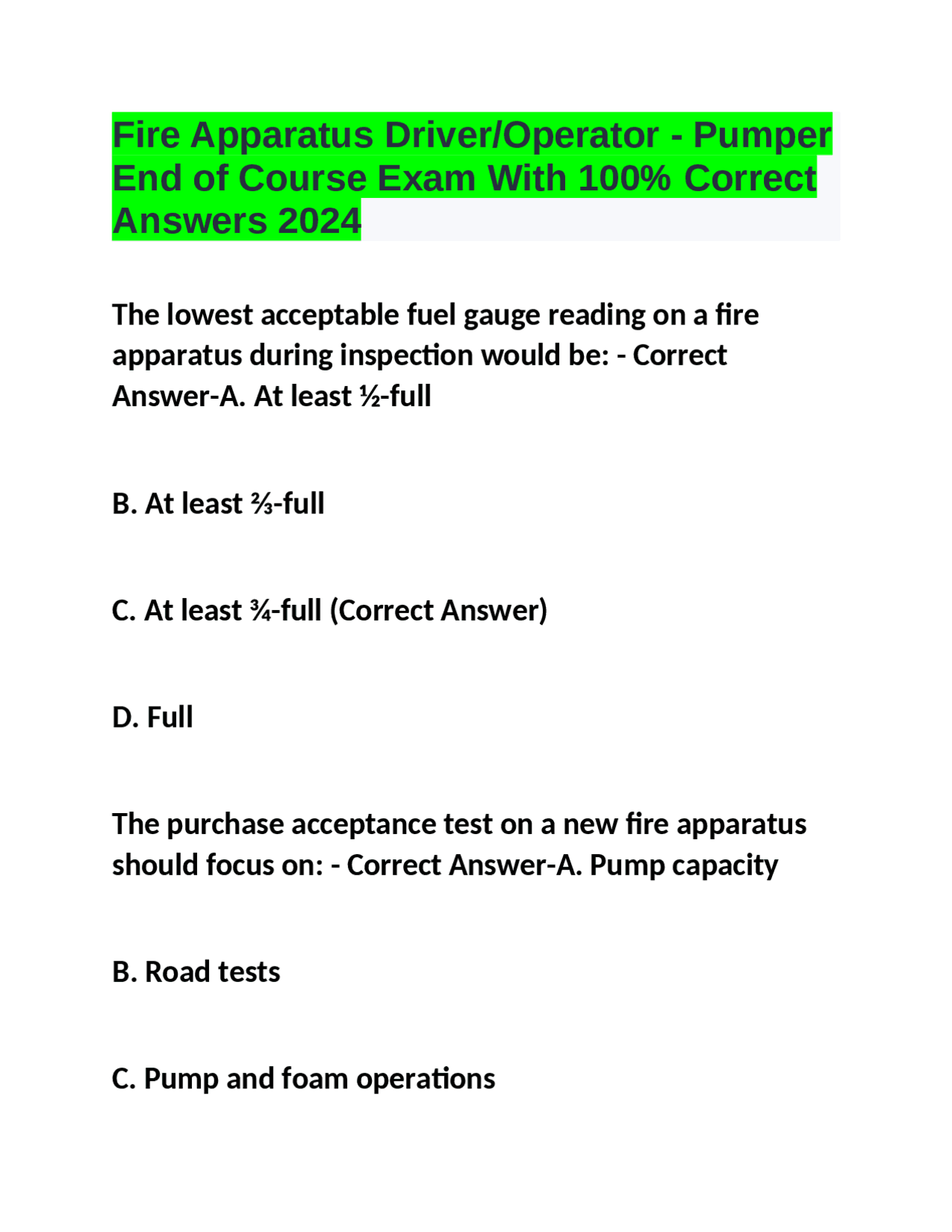 Fire Apparatus Driver/Operator - Pumper End of Course Exam With 100% ...