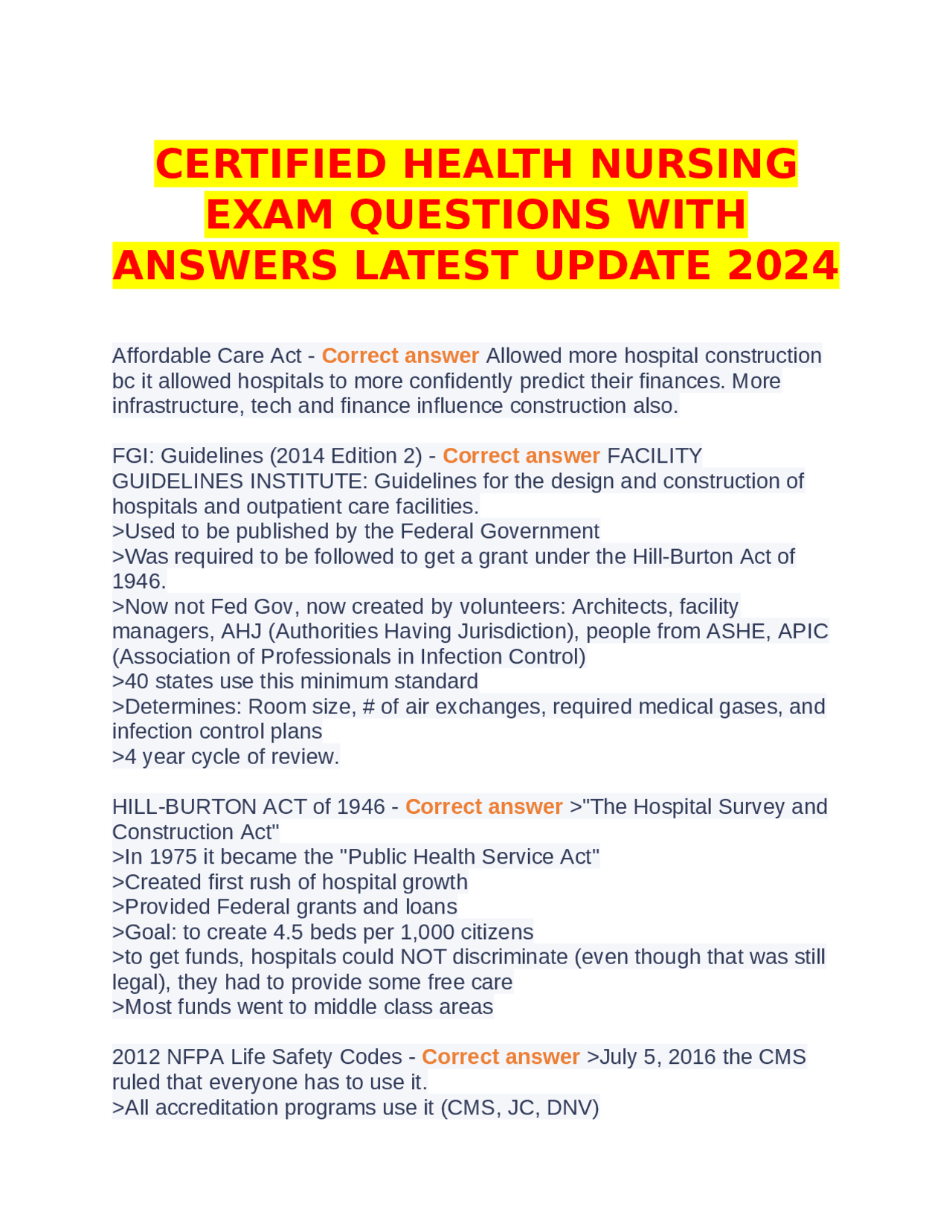 CERTIFIED HEALTH NURSING EXAM QUESTIONS WITH ANSWERS LATEST UPDATE 2024 ...