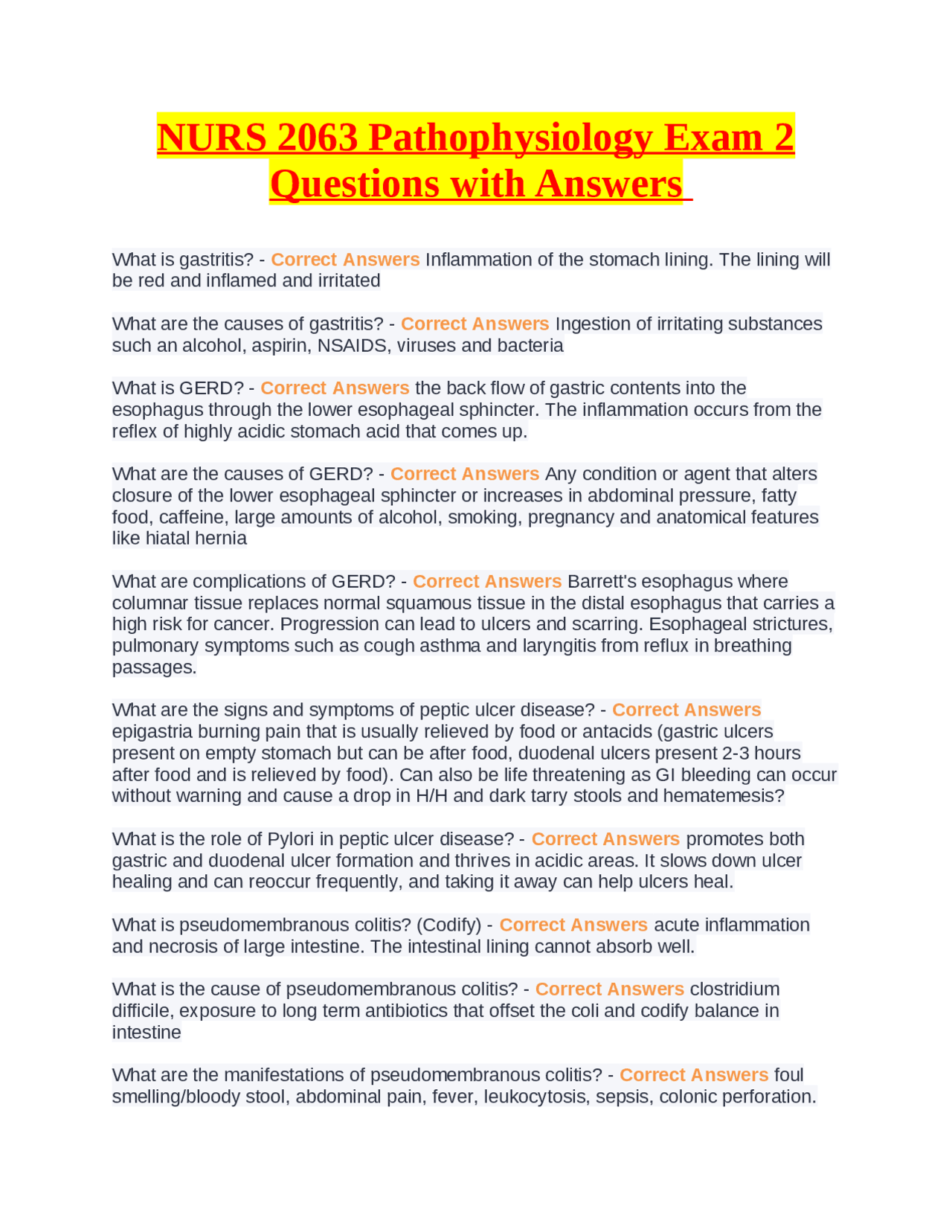 NURS 2063 Pathophysiology Exam 2 Questions with Answers | Exams Nursing ...