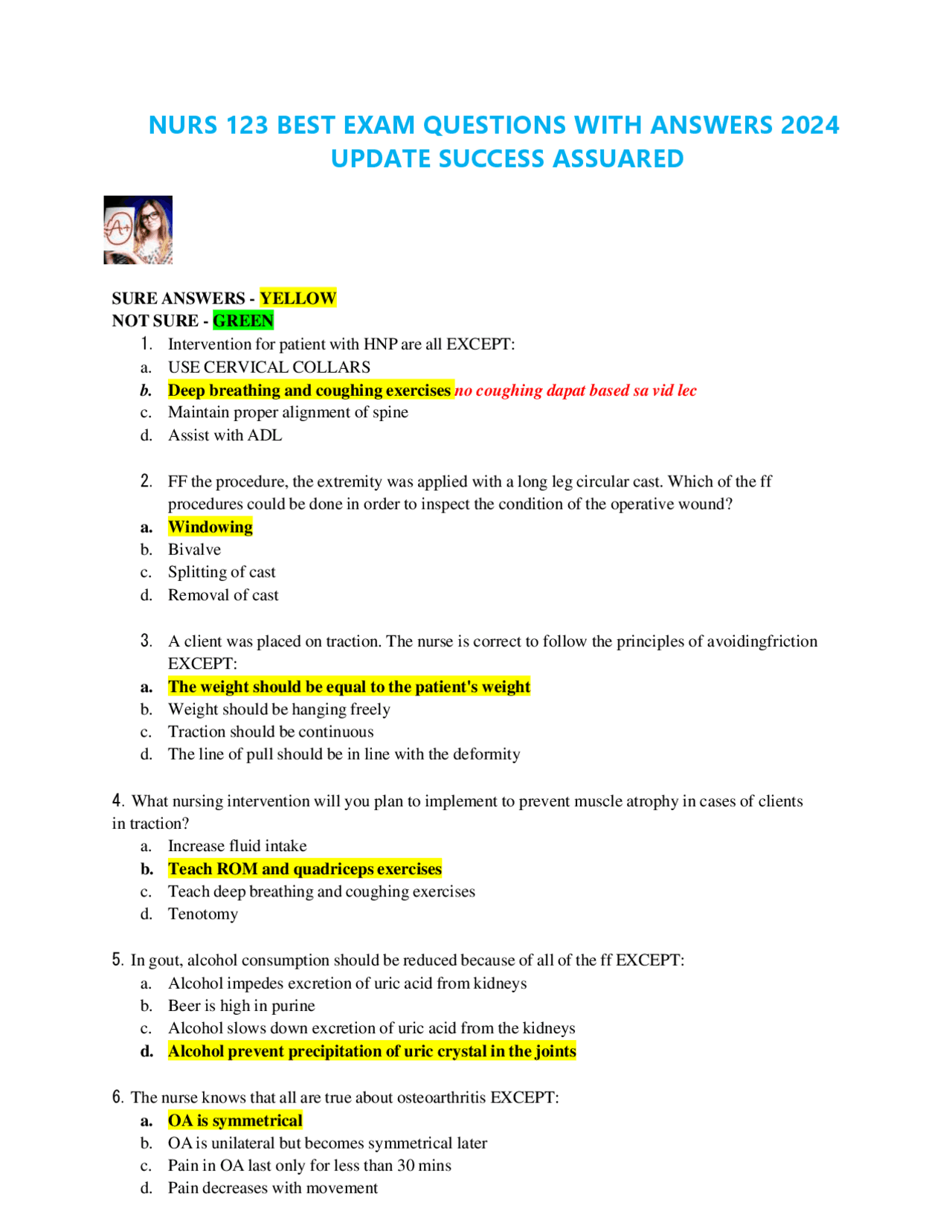 NURS 123 BEST EXAM QUESTIONS WITH ANSWERS 2024 UPDATE SUCCESS ASSUARED ...