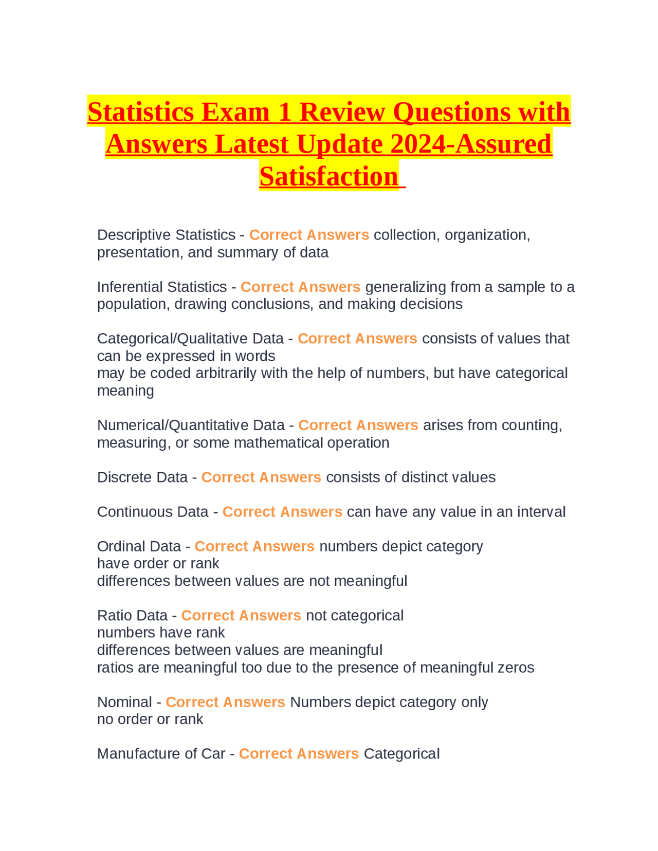 Statistics Exam 1 Review Questions with Answers Latest Update 2024 ...