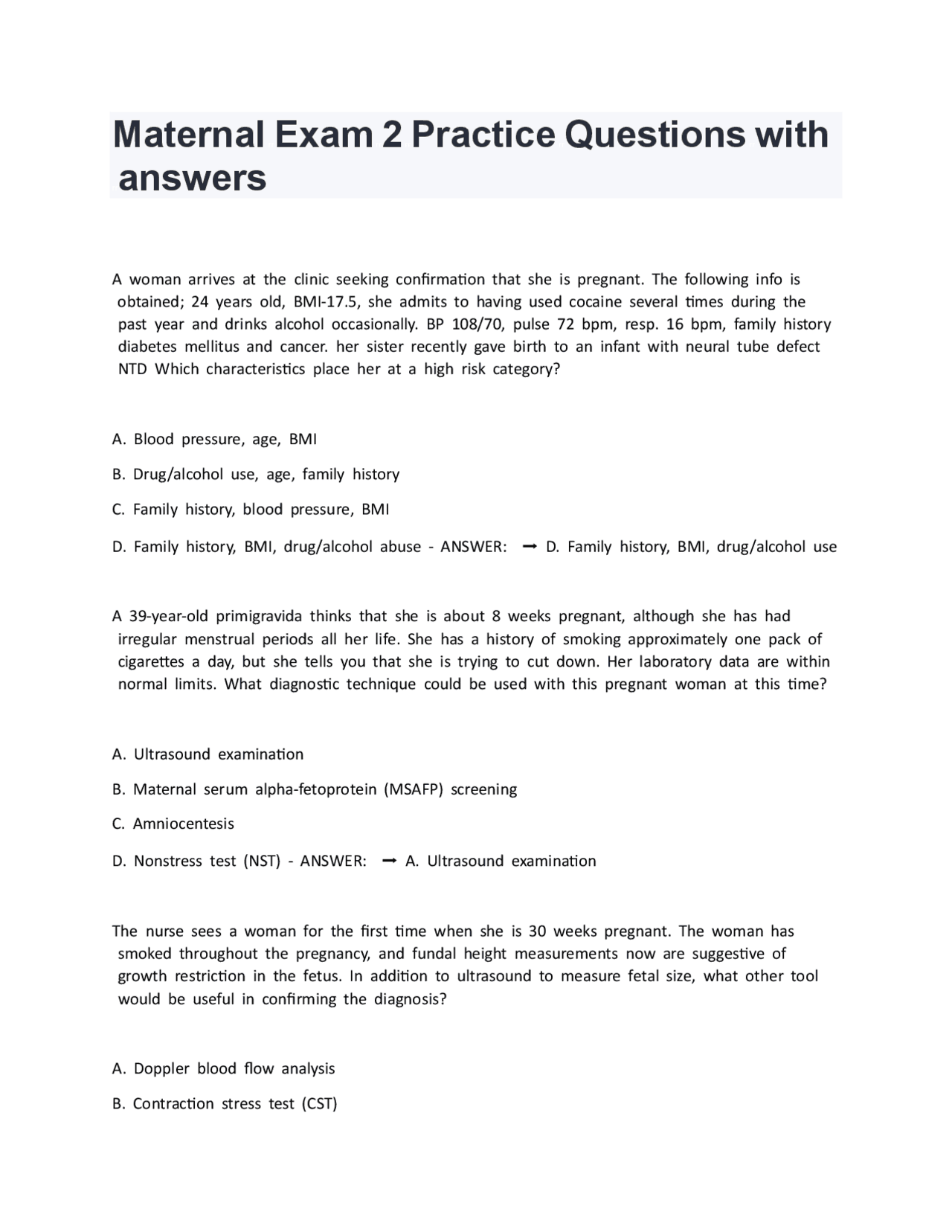 Maternal Exam 2 Practice Questions with Answers | Exams Nursing | Docsity