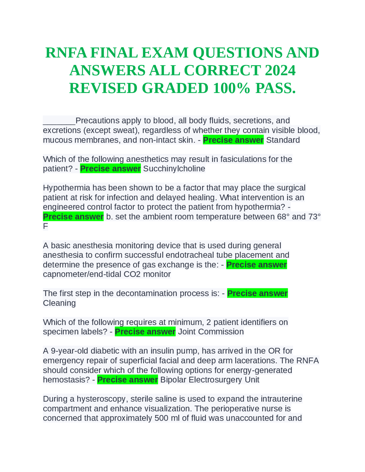 RNFA FINAL EXAM QUESTIONS AND ANSWERS ALL CORRECT 2024 REVISED GRADED ...