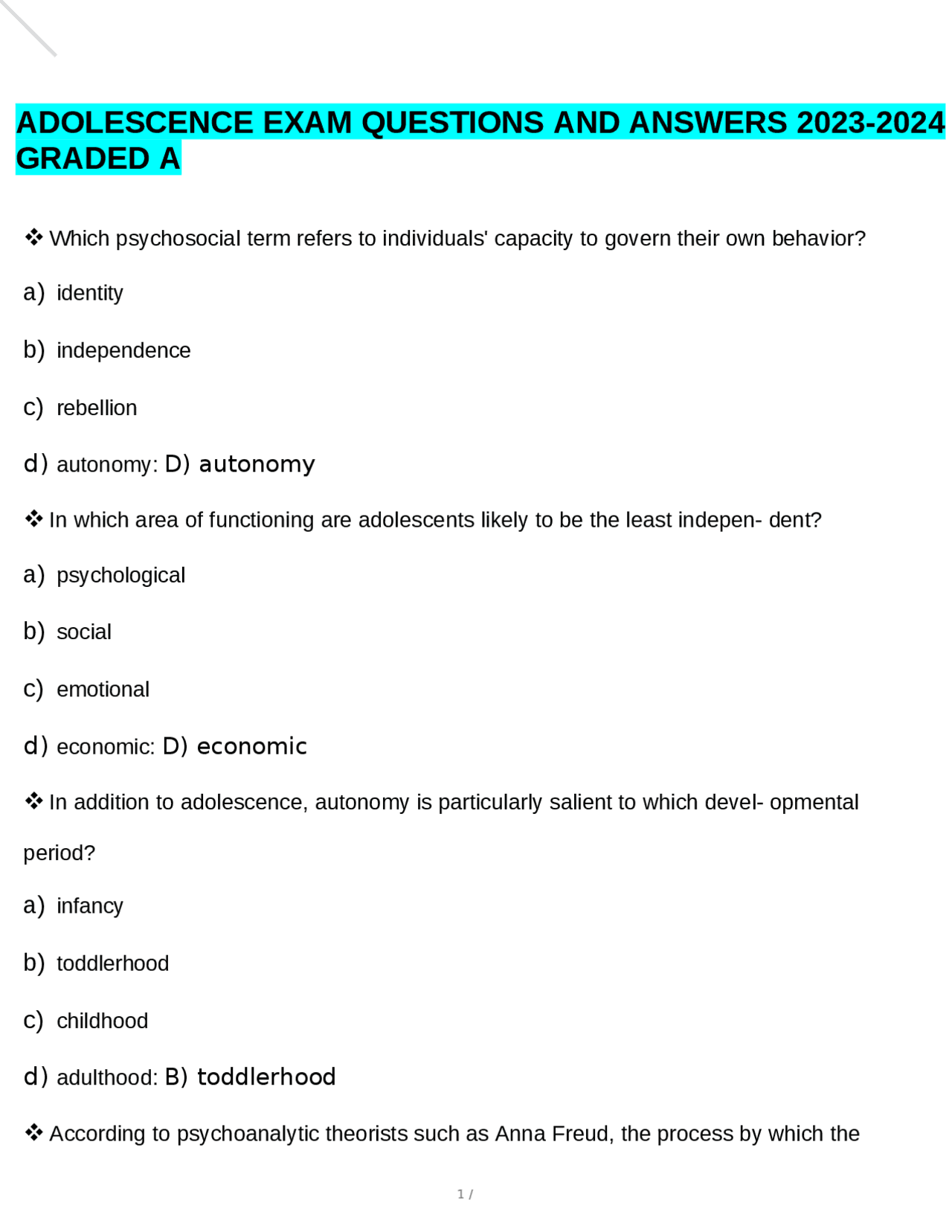 ADOLESCENCE EXAM QUESTIONS AND ANSWERS 2023-2024 GRADED A | Exams ...