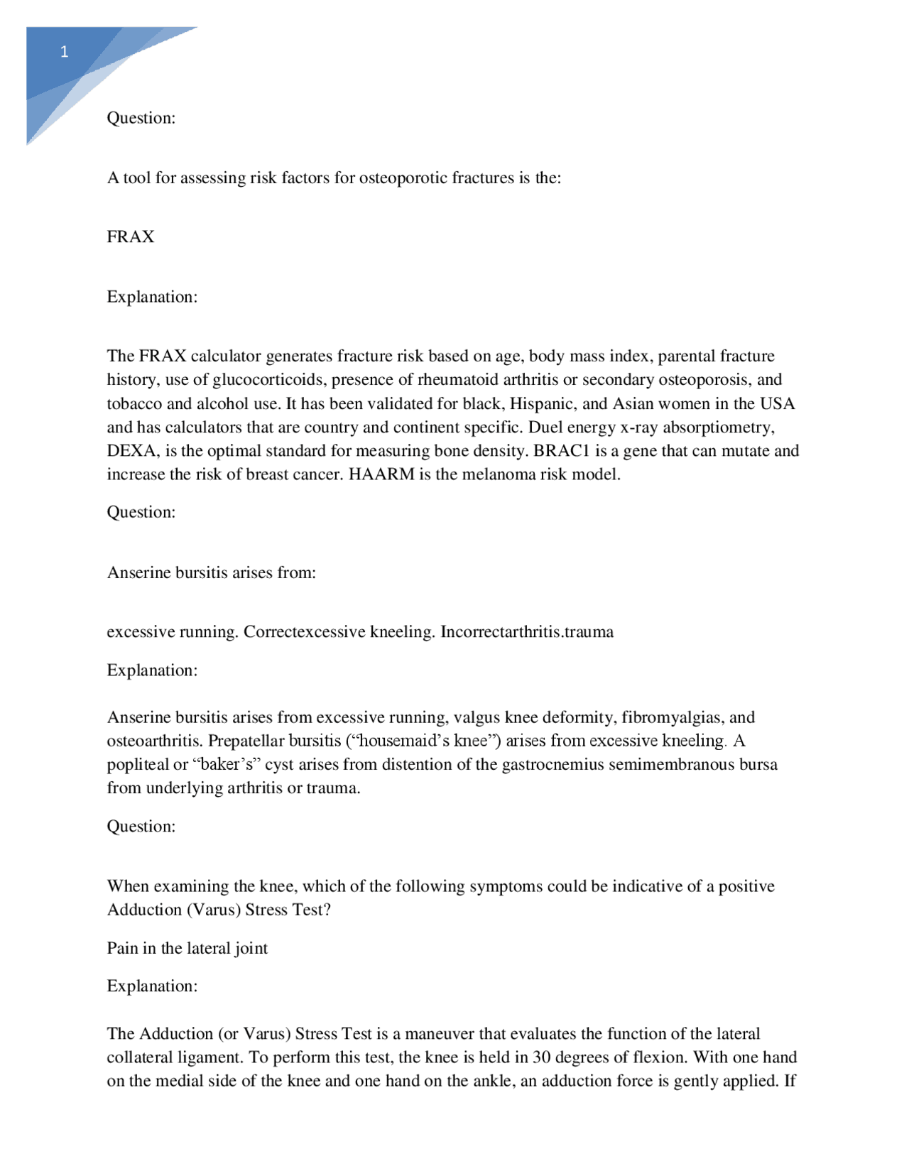 Msq Test Example Musculoskeletal Assessment and Examination | Exams Nursing | Docsity