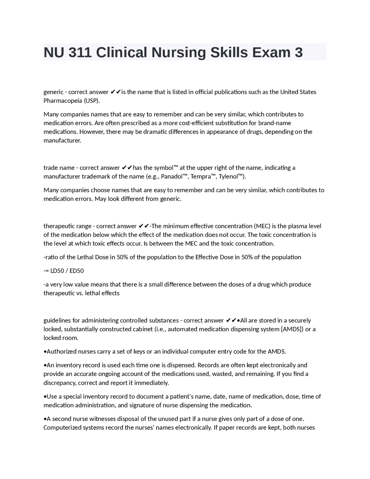 NU 311 Clinical Nursing Skills Exam 3 questions with correct answers ...