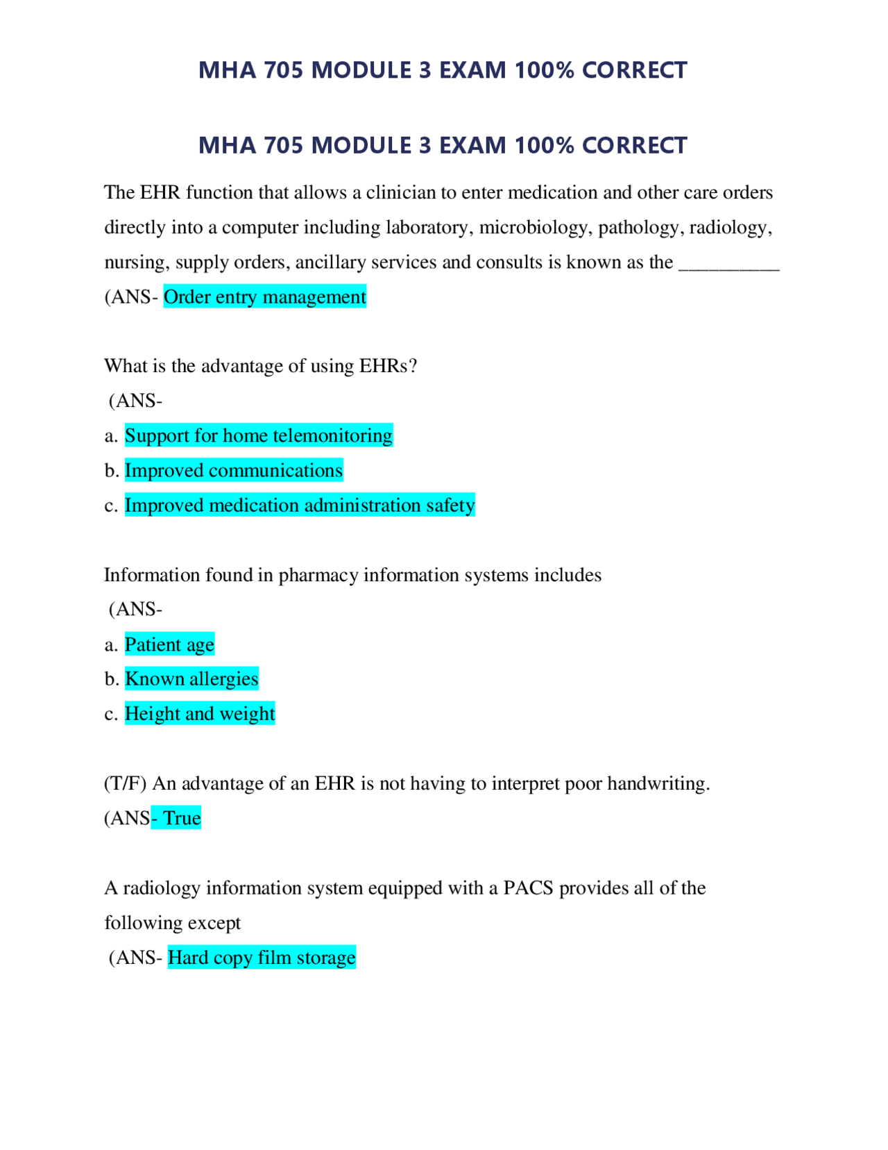 Mha 705 Module 3 Exam 100 Correct Exams Nursing Docsity