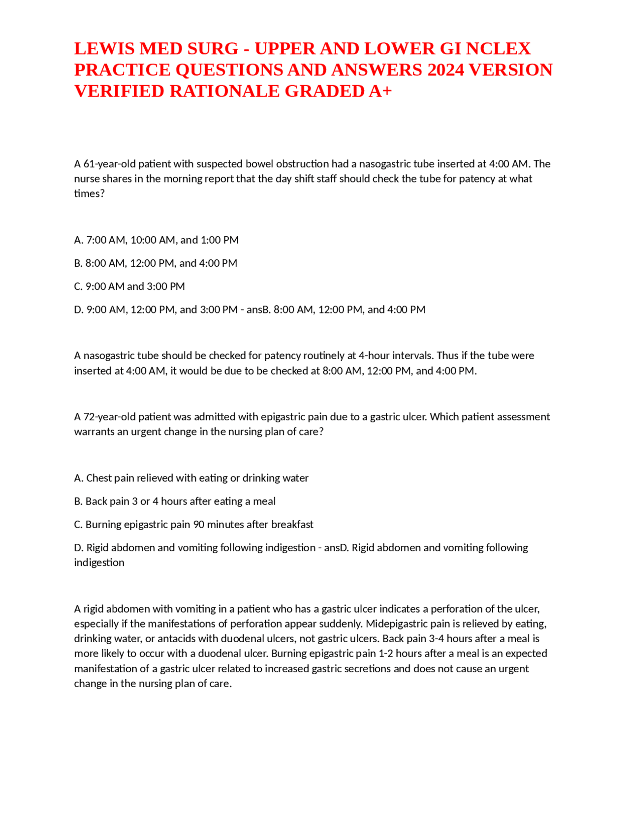 LEWIS MED SURG - UPPER AND LOWER GI NCLEX PRACTICE QUESTIONS AND ...