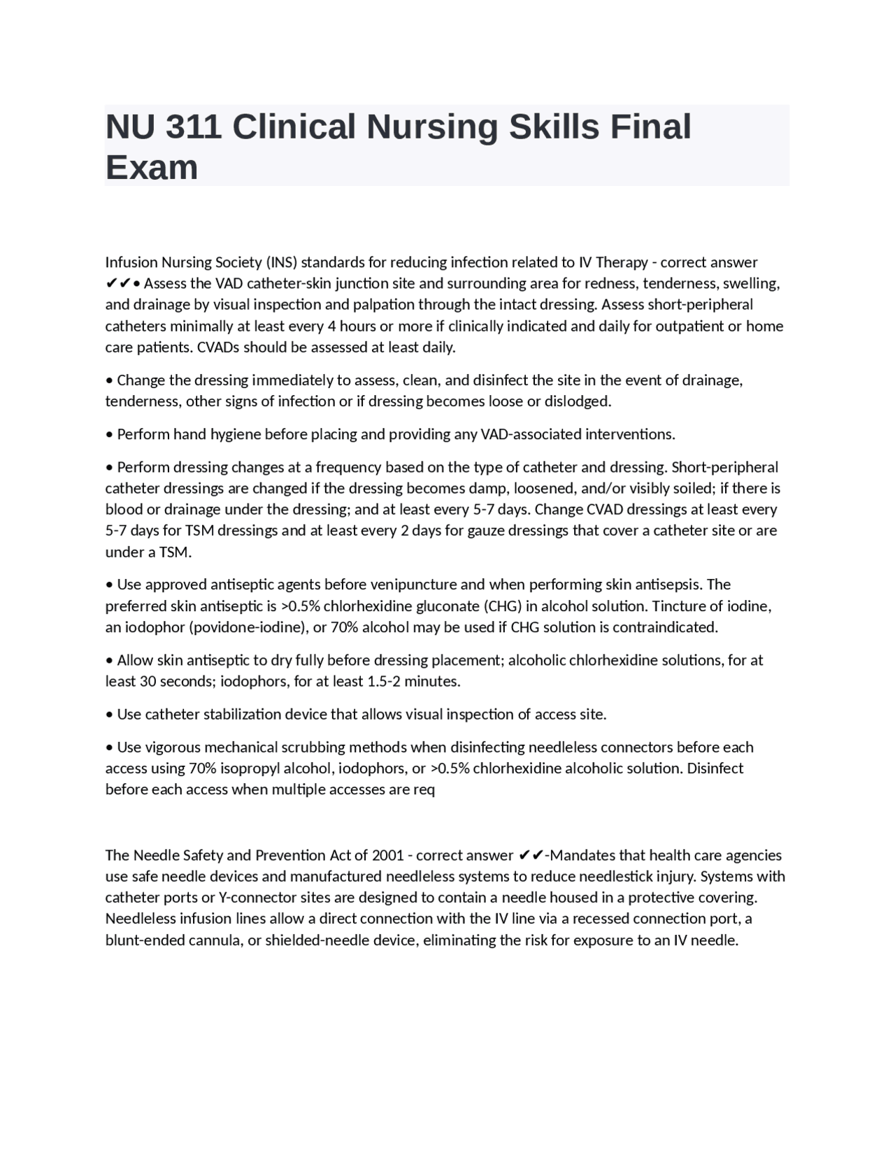 NU 311 Clinical Nursing Skills Final Exam fully solved graded A+ ...