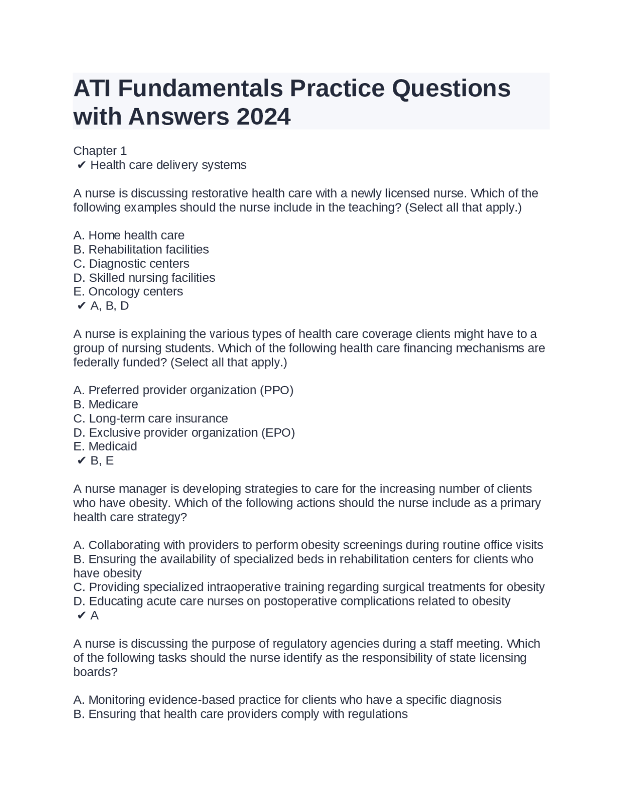 ATI Fundamentals Practice Questions with Answers 2024 | Exams Nursing ...
