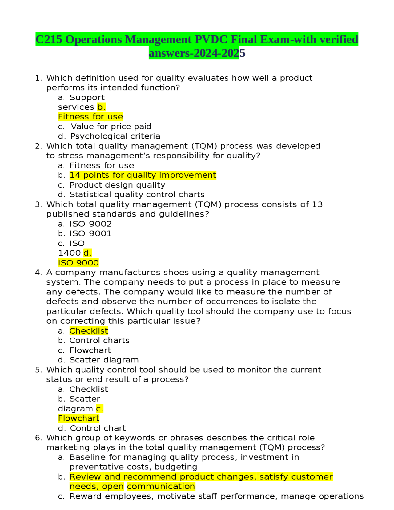C215 Operations Management PVDC Final Exam-with verified answers-2024 ...