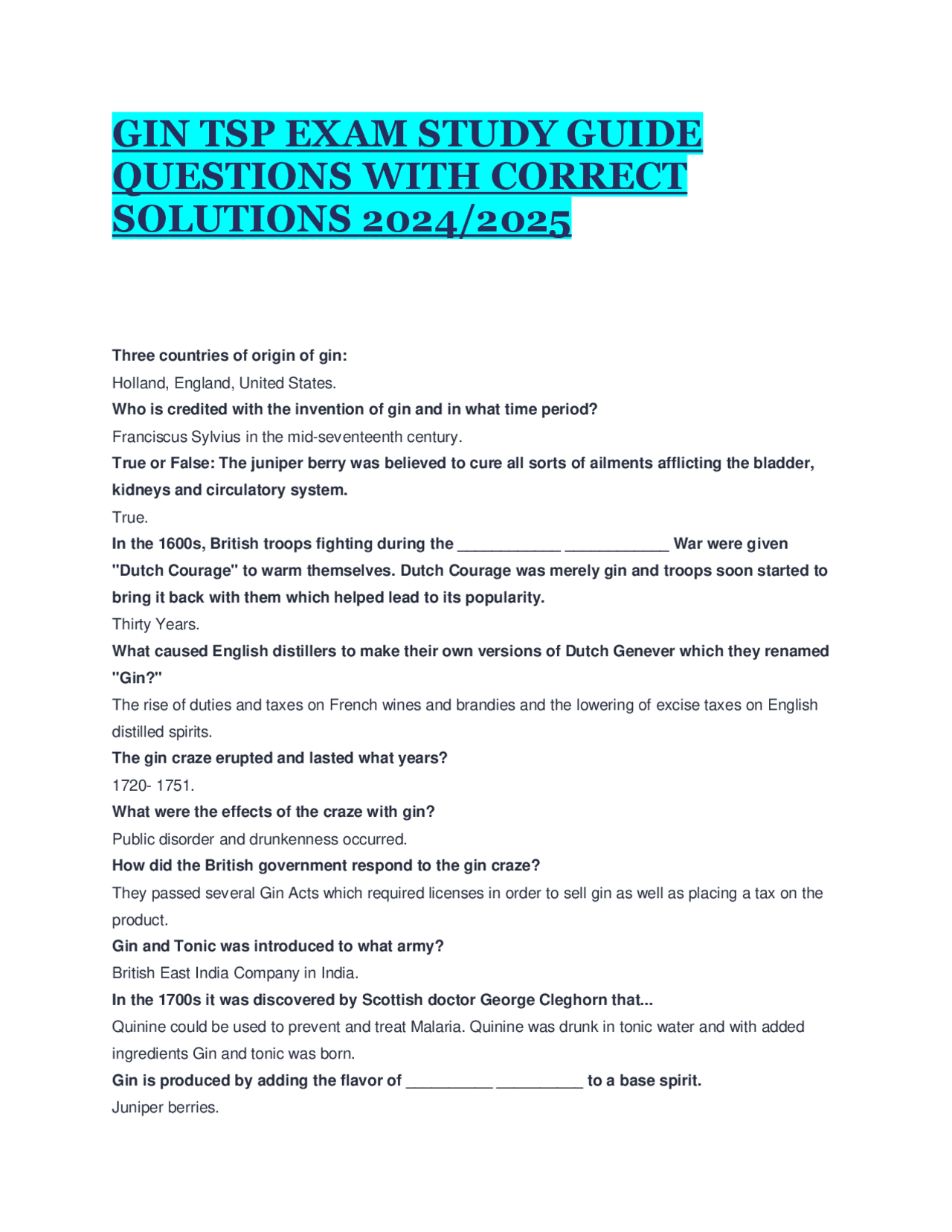 Tsp Questions GIN TSP EXAM STUDY GUIDE QUESTIONS WITH CORRECT SOLUTIONS 2024/2025 ...