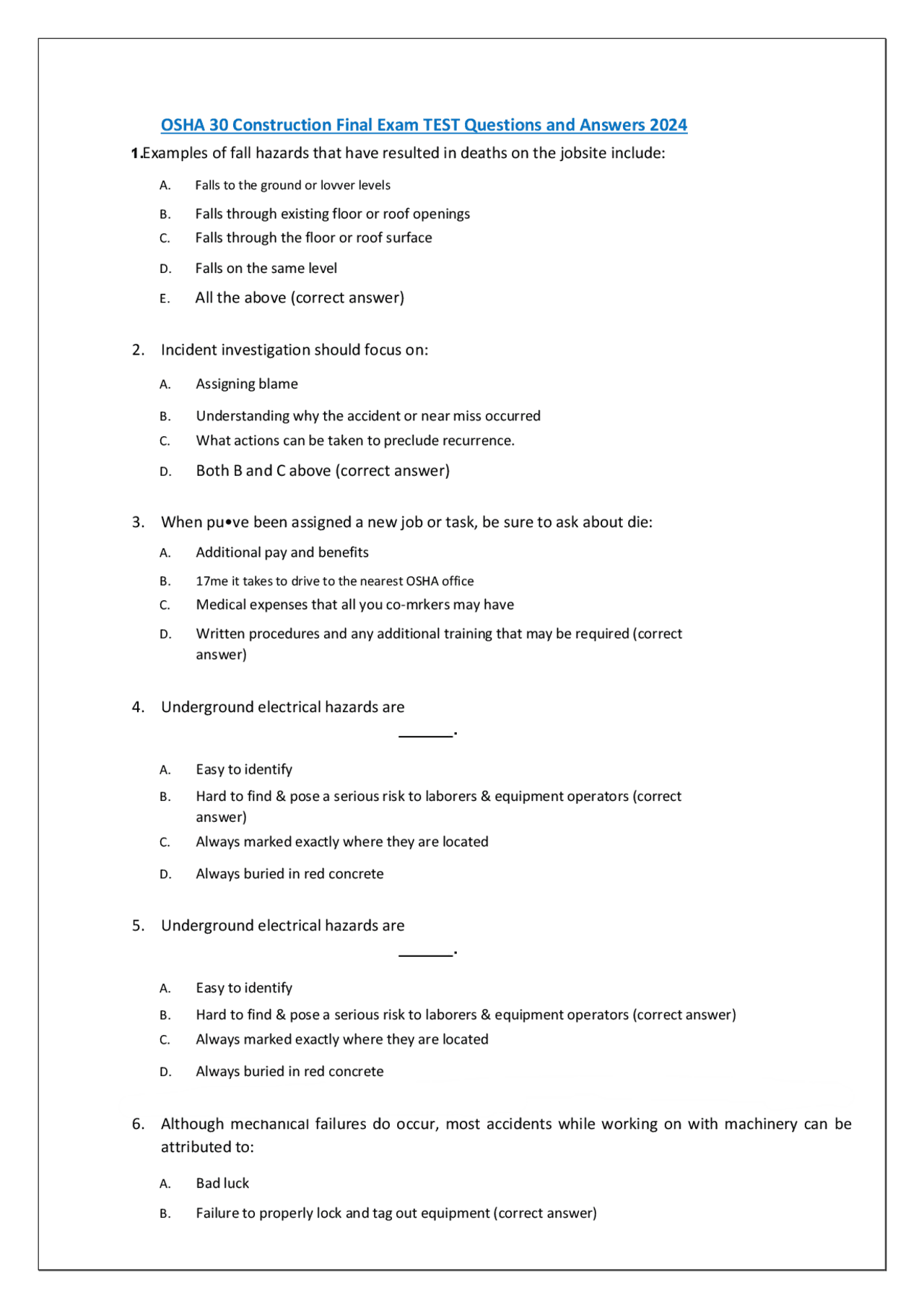 OSHA 30 Construction Final Exam TEST Questions and Answers 2024 | Exams ...