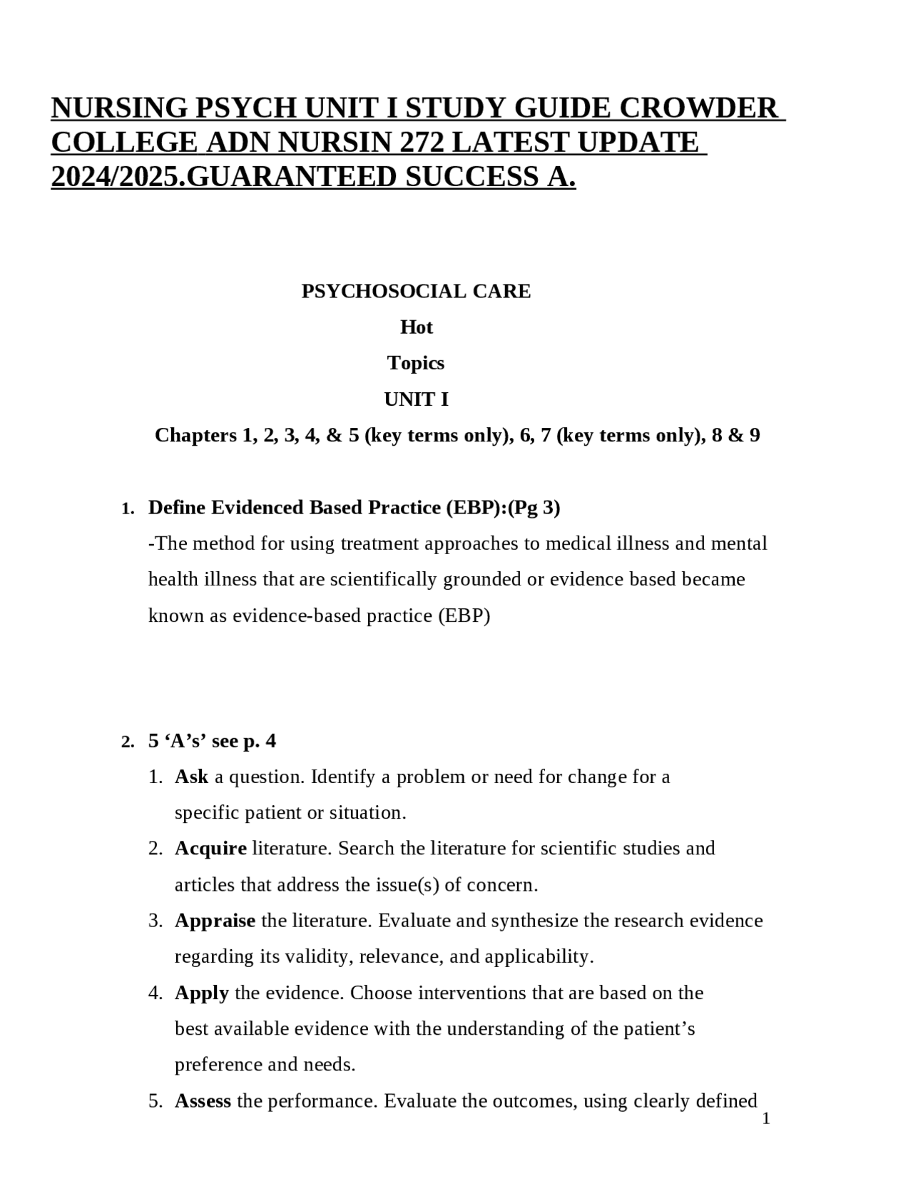NURSING PSYCH UNIT I STUDY GUIDE CROWDER COLLEGE ADN NURSIN 272 LATEST ...