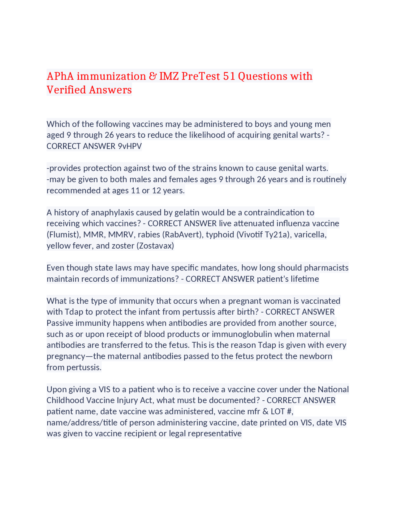 APhA immunization Questions with Verified Answers,100% CORRECT | Exams ...