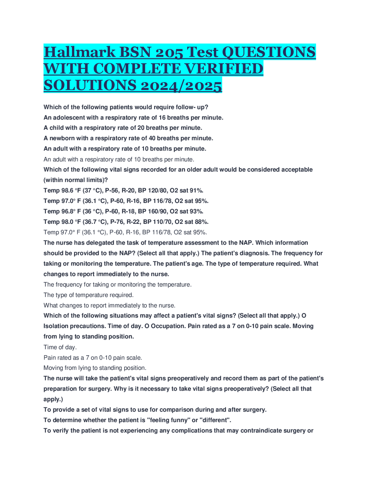 Hallmark BSN 205 Test QUESTIONS WITH COMPLETE VERIFIED SOLUTIONS 2024/ ...