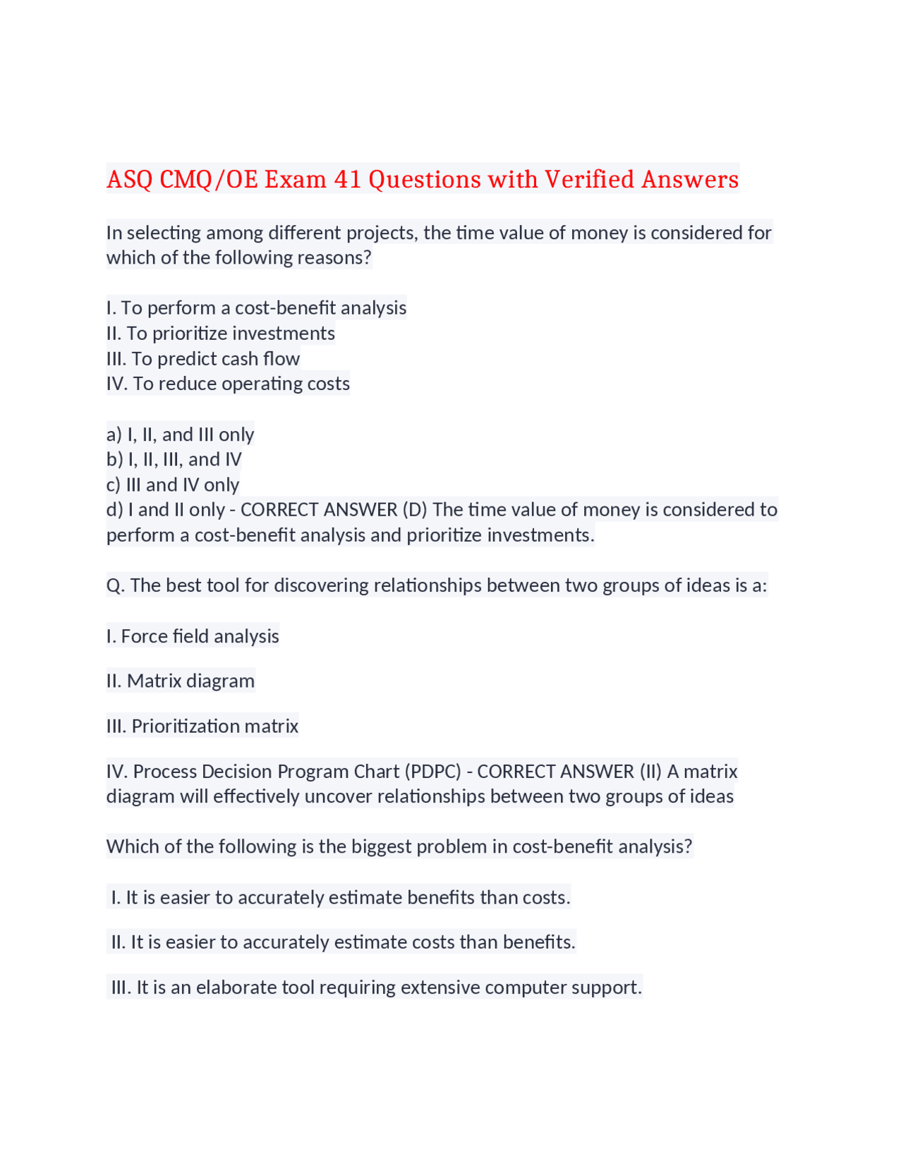 ASQ CMQ (2) Exam Questions with Verified Answers,100% CORRECT | Exams ...