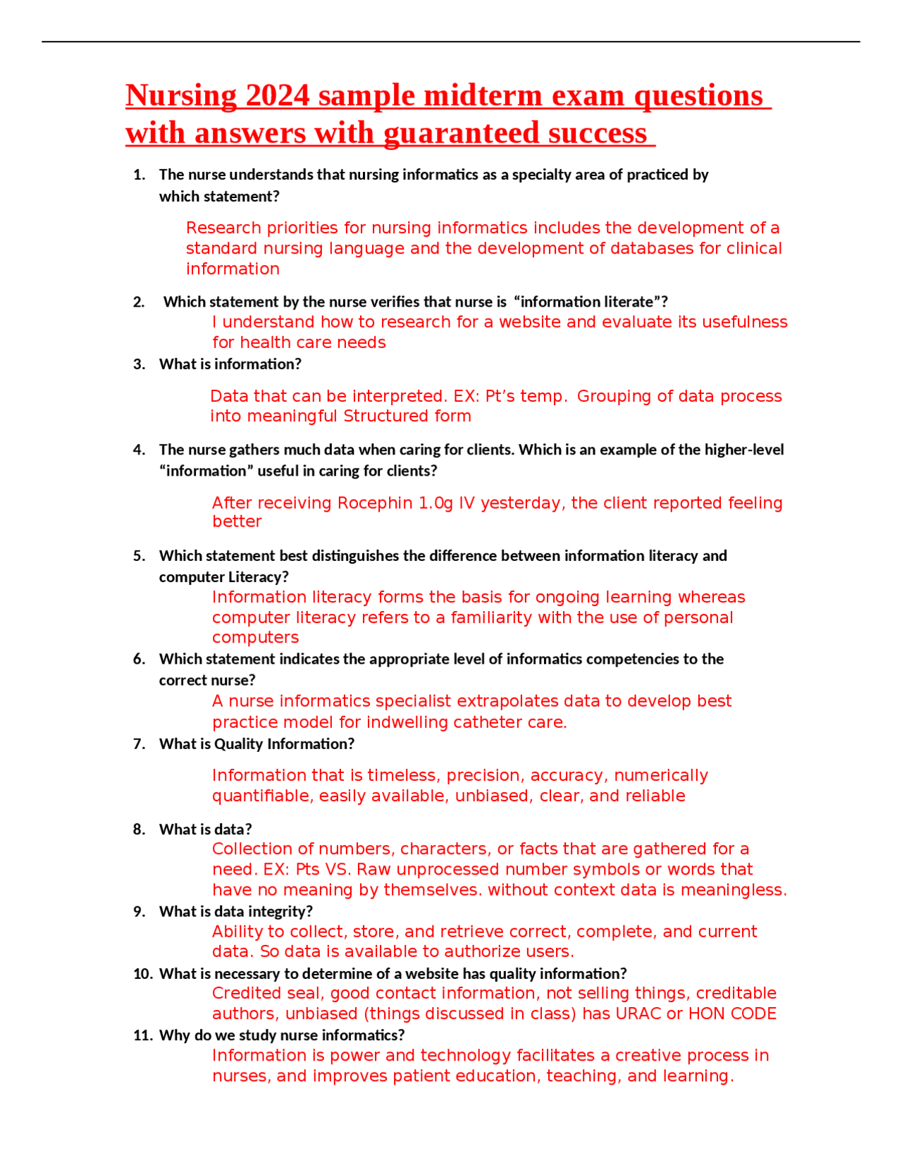 Nursing 2024 sample midterm exam questions with answers with guaranteed ...