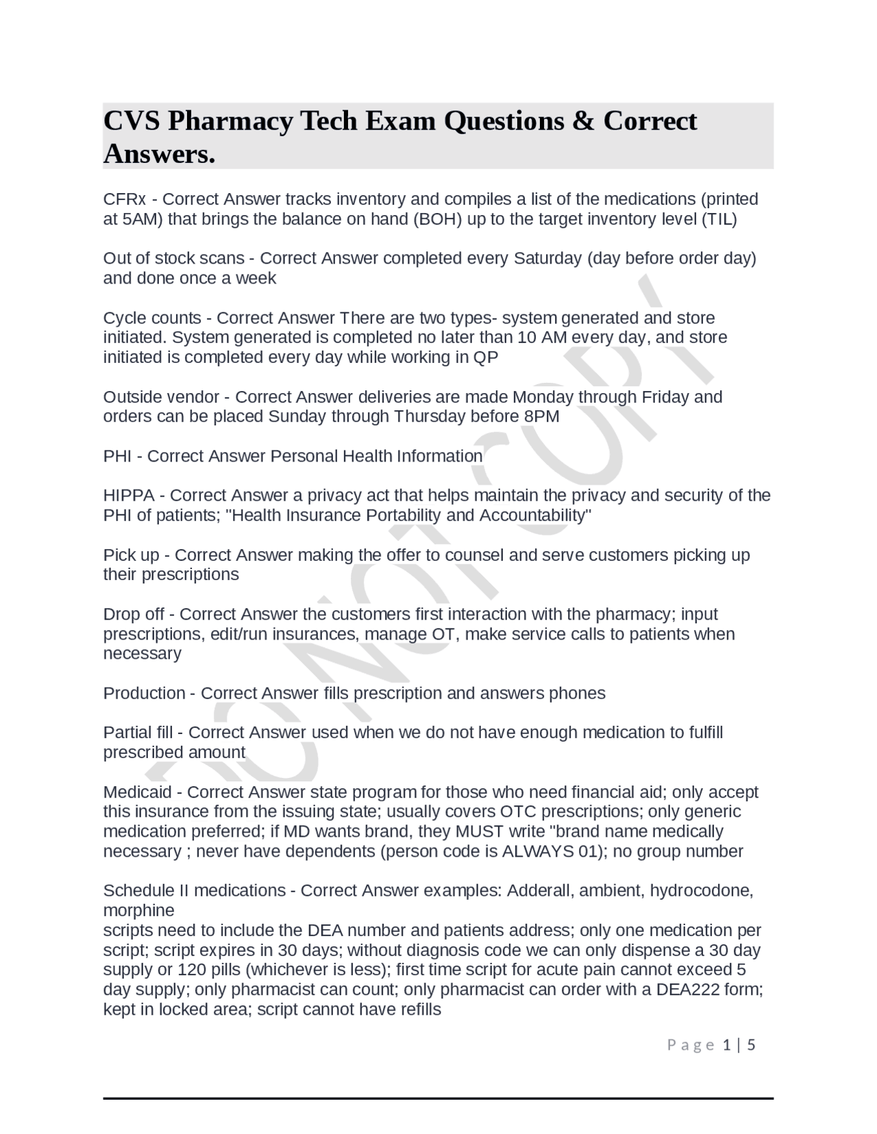 CVS Pharmacy Tech Exam Questions & Correct Answers. Exams Pharmacy