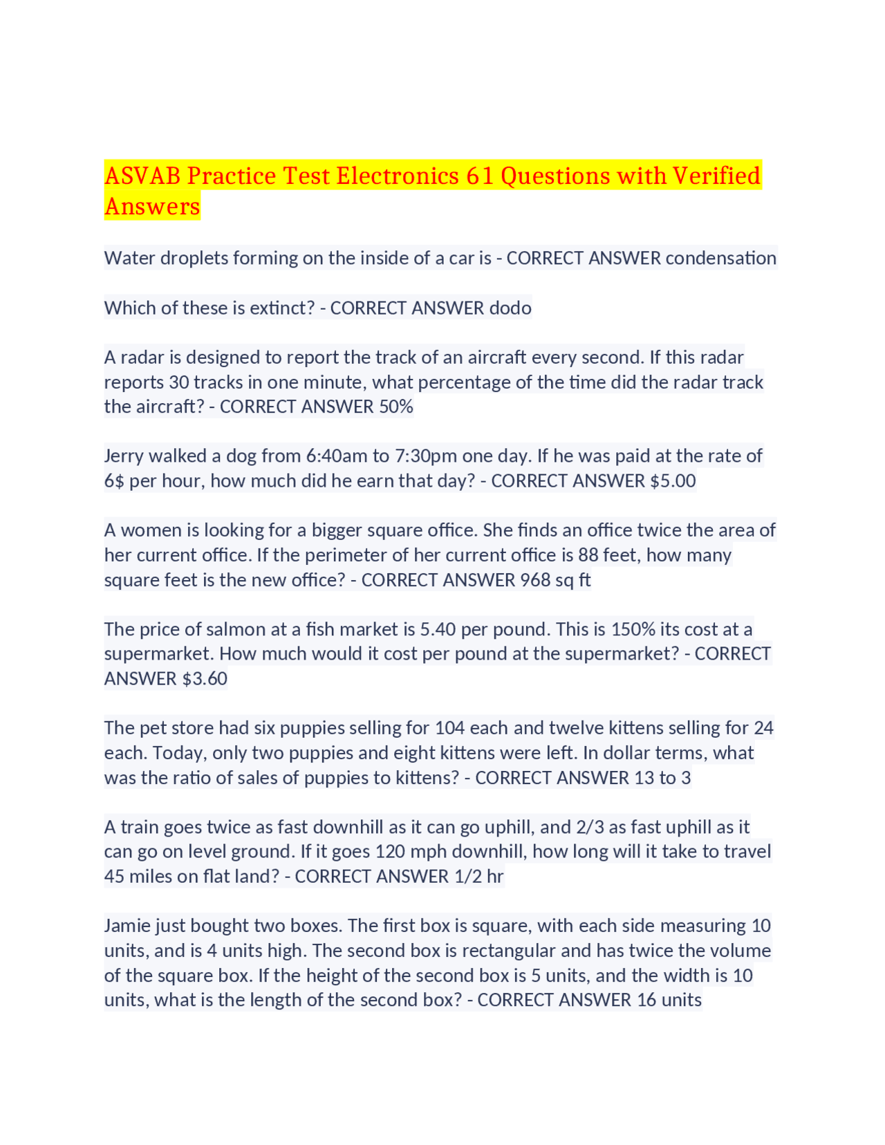 ASVAB Practice Test Electronics 61 Questions with Verified Answers ...
