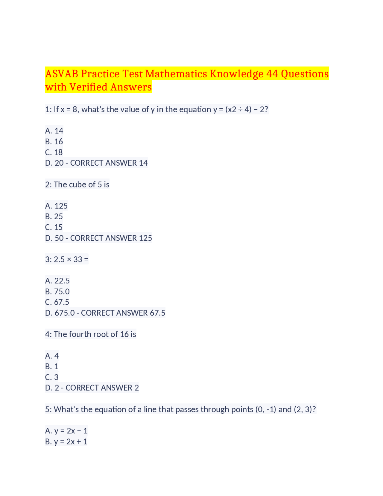 ASVAB Practice Test Mathematics Knowledge 44 Questions with Verified ...