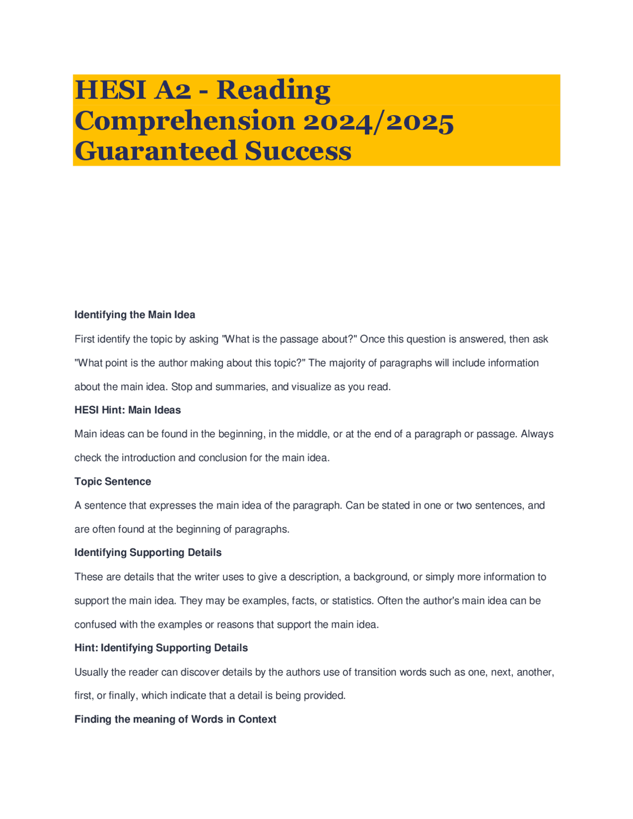 HESI A2 - Reading Comprehension 2024/2025 Guaranteed Success | Study ...