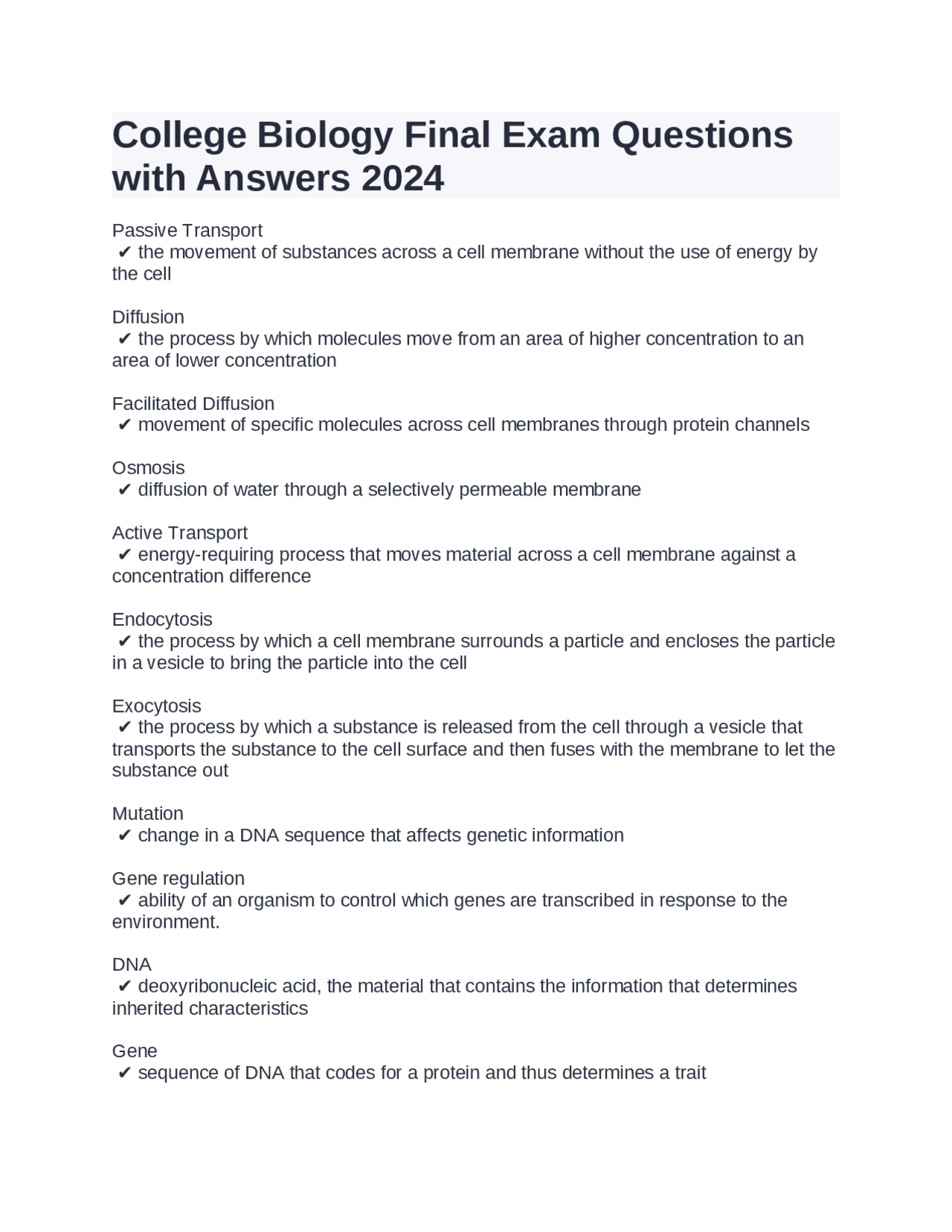 College Biology Final Exam Questions with Answers 2024 | Exams Biology ...