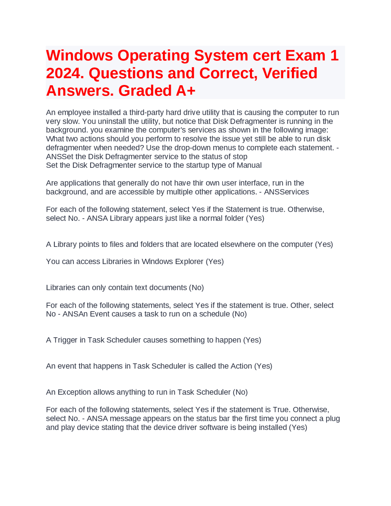Windows Operating System cert Exam 1 2024. Questions & Correct ...