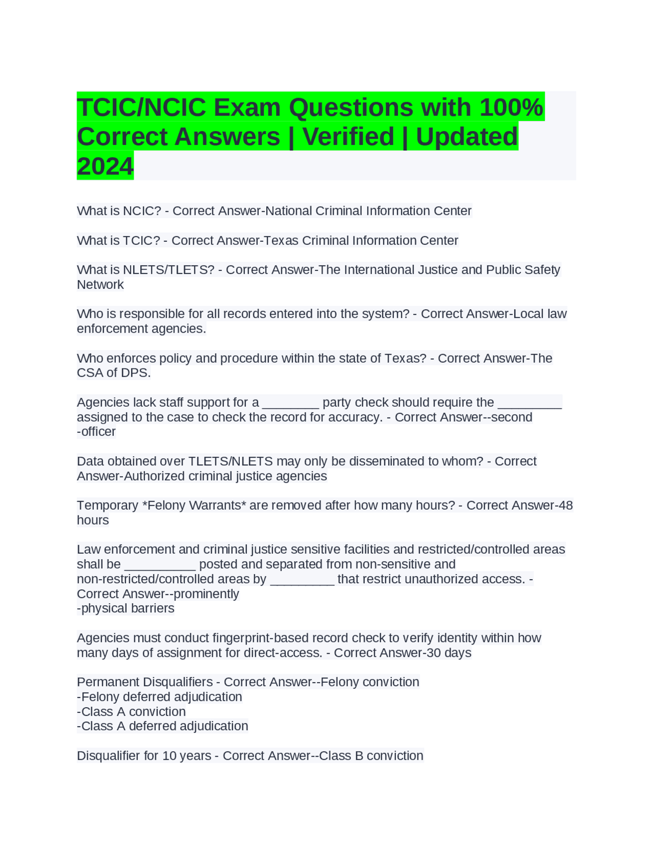 TCIC/NCIC Exam Questions with 100% Correct Answers | Verified | Updated ...