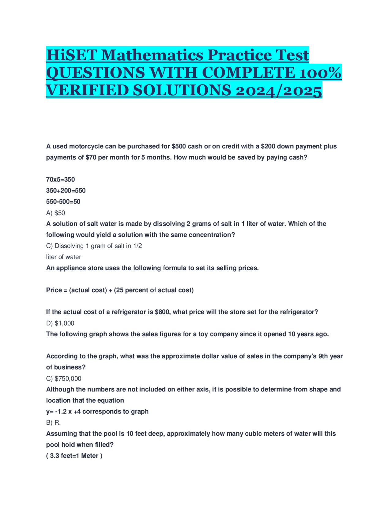 HiSET Mathematics Practice Test | Exams Mathematics | Docsity