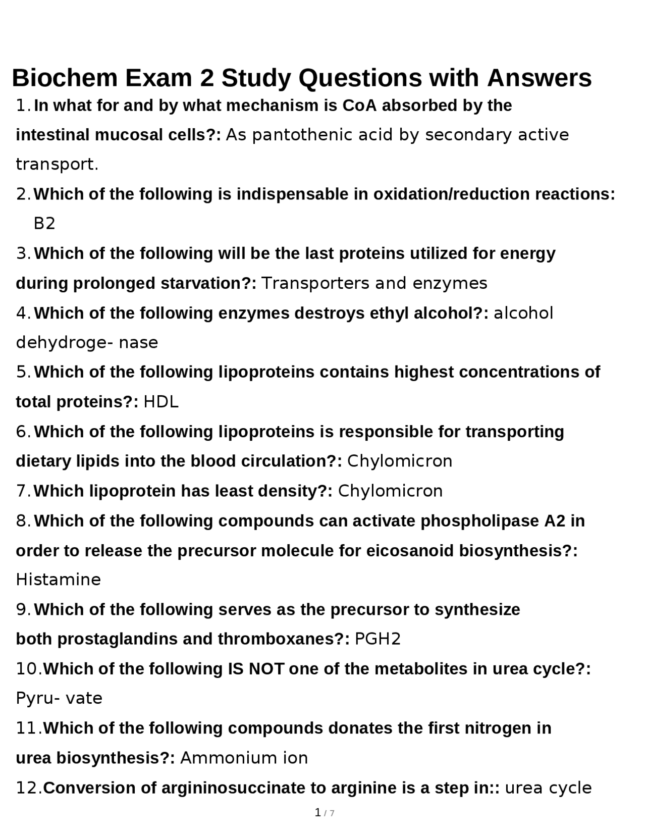Biochem Exam 2 Study Questions with Answers | Exams Biochemistry | Docsity