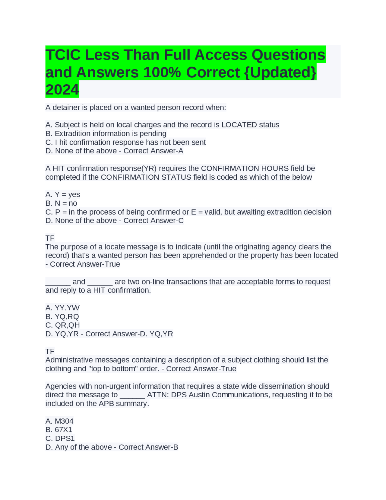 TCIC Less Than Full Access Questions and Answers 100% Correct {Updated ...