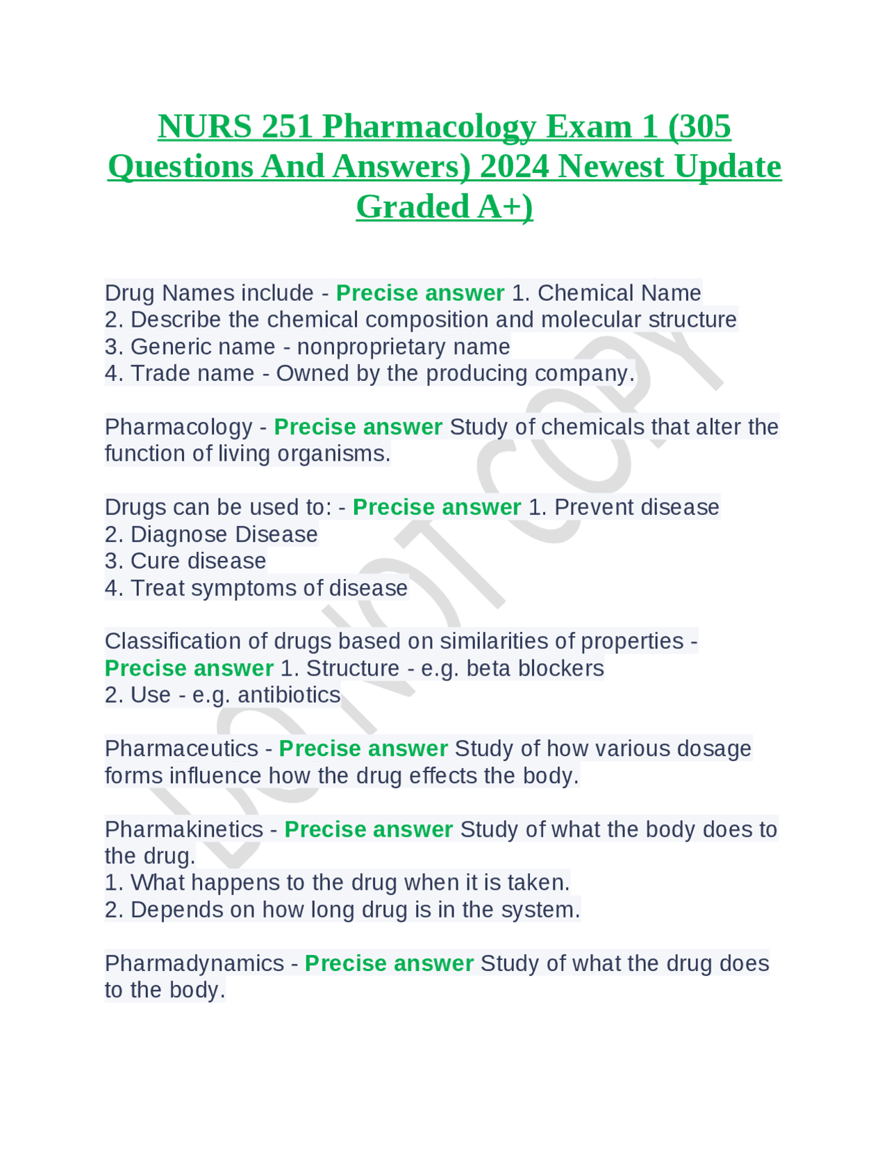 NURS 251 Pharmacology Exam 1 (305 Questions And Answers) 2024 Newest ...
