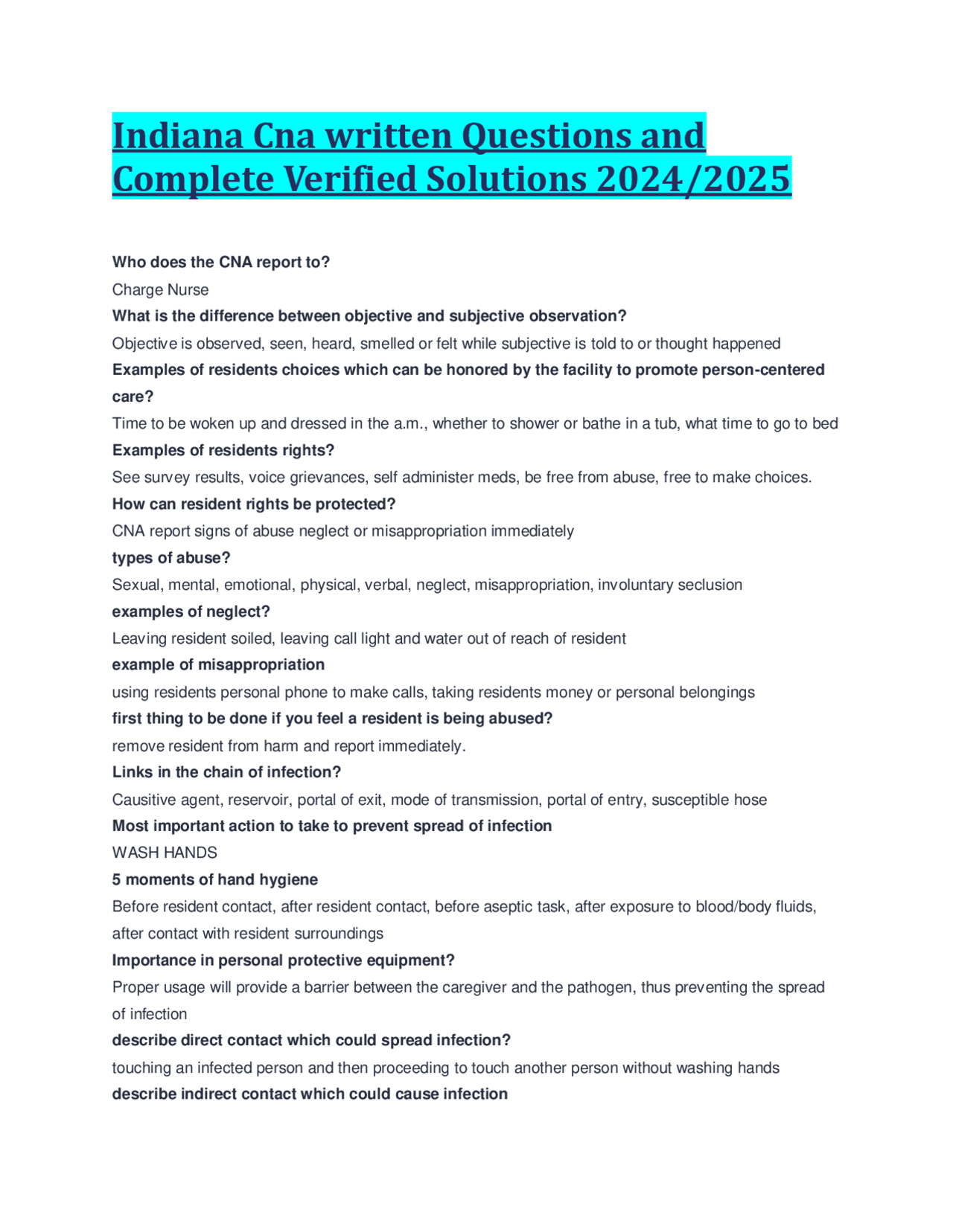 Indiana Cna written Questions and Complete Verified Solutions 2024/2025 ...