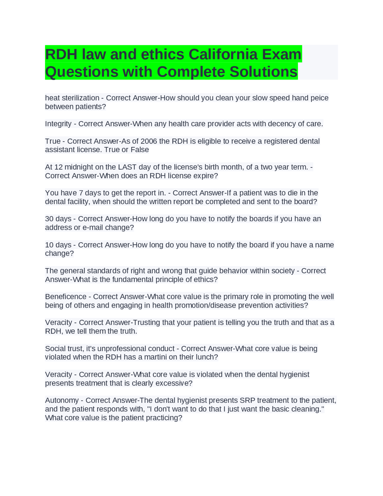 RDH law and ethics California Exam Questions with Complete Solutions ...