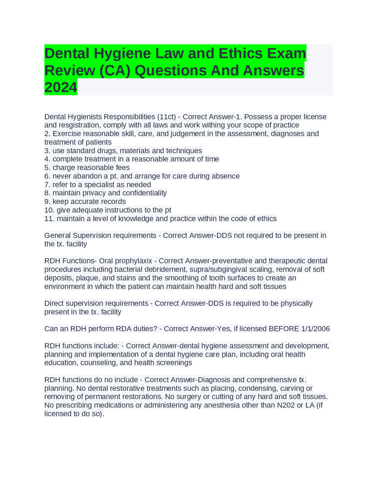 Dental Hygiene Law and Ethics Exam Review (CA) Questions And Answers ...