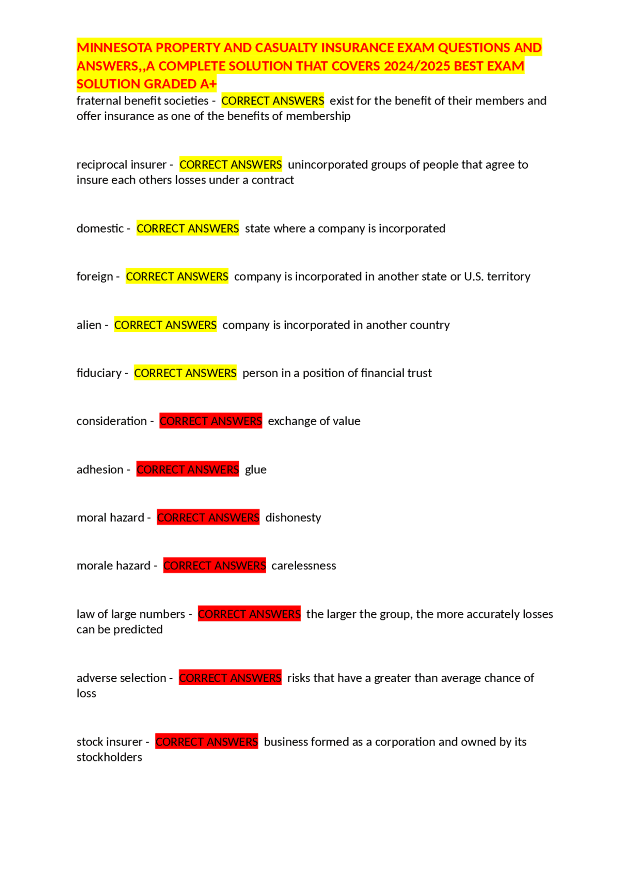 MINNESOTA PROPERTY AND CASUALTY INSURANCE EXAM QUESTIONS AND ANSWERS,,A COMPLETE SOLUTION ...