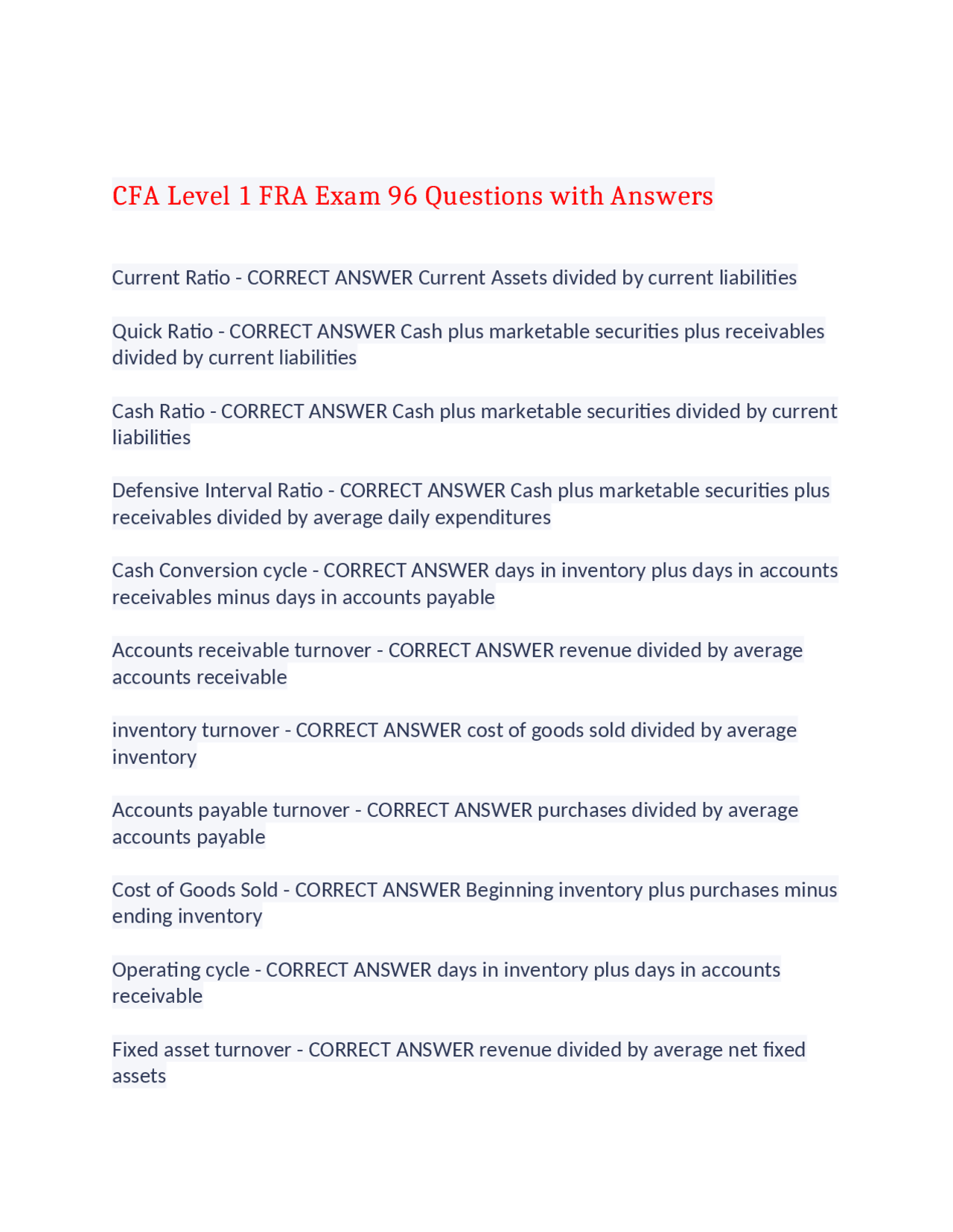 CFA Level 1 FRA Exam 96 Questions with Answers,100%CORRECT | Exams ...