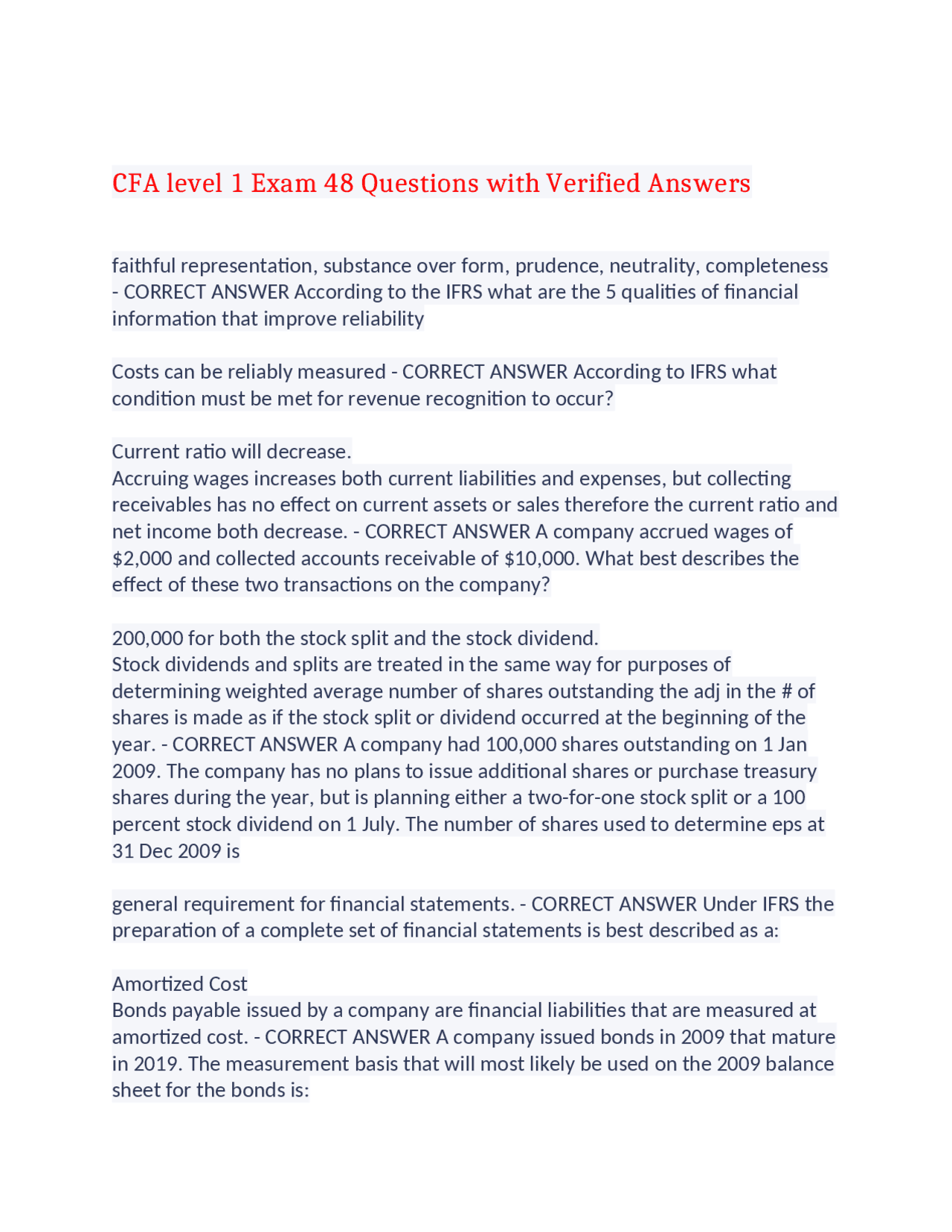 CFA level 1 Exam 48 Questions with Verified Answers,100% CORRECT ...