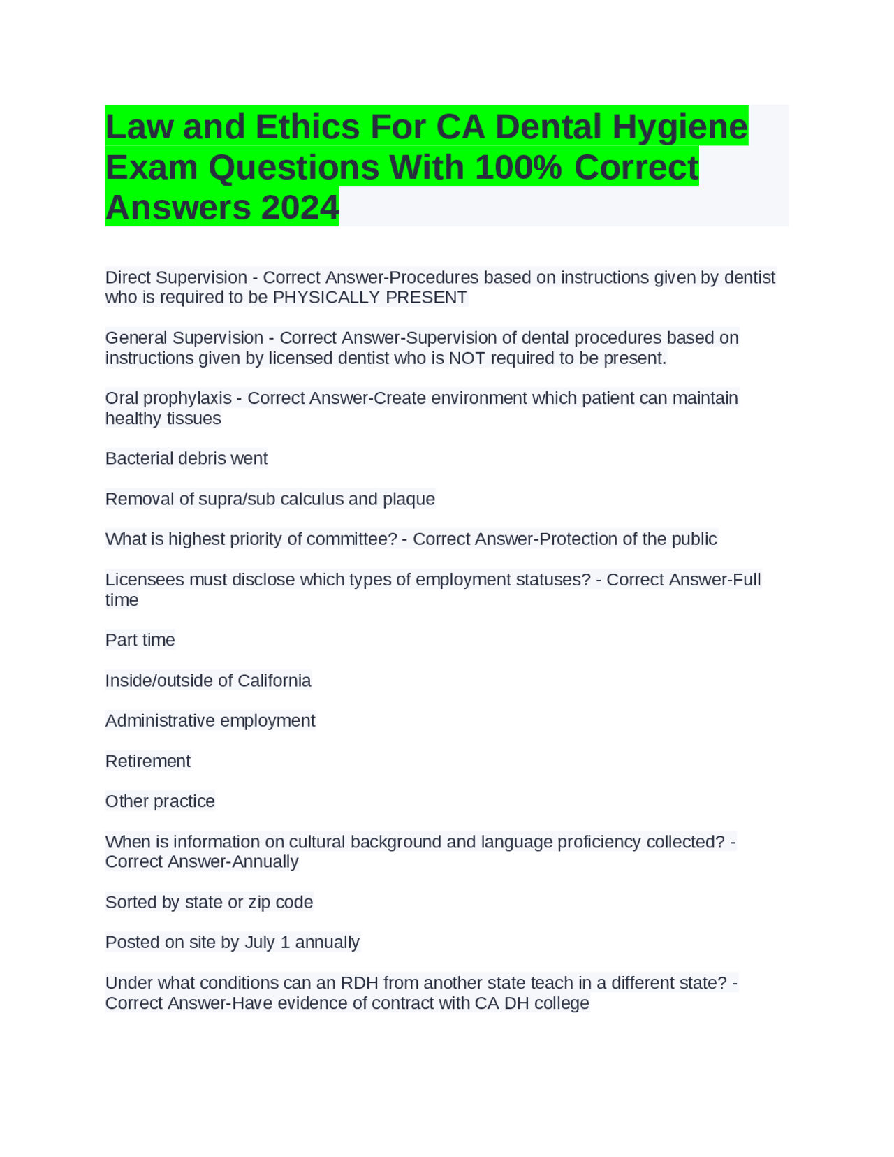 Law and Ethics For CA Dental Hygiene Exam Questions With 100% Correct ...