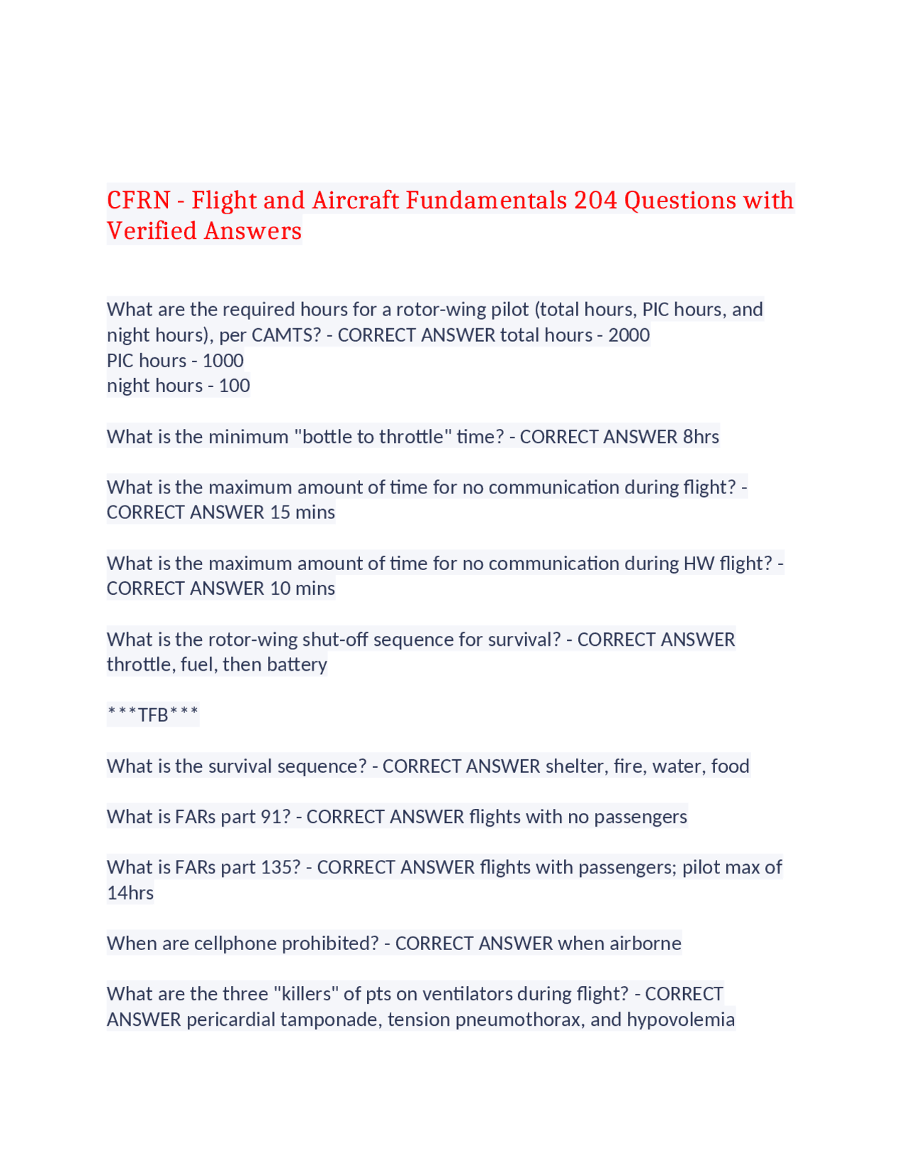 CFRN - Flight and Aircraft Fundamentals 204 Questions with Verified ...