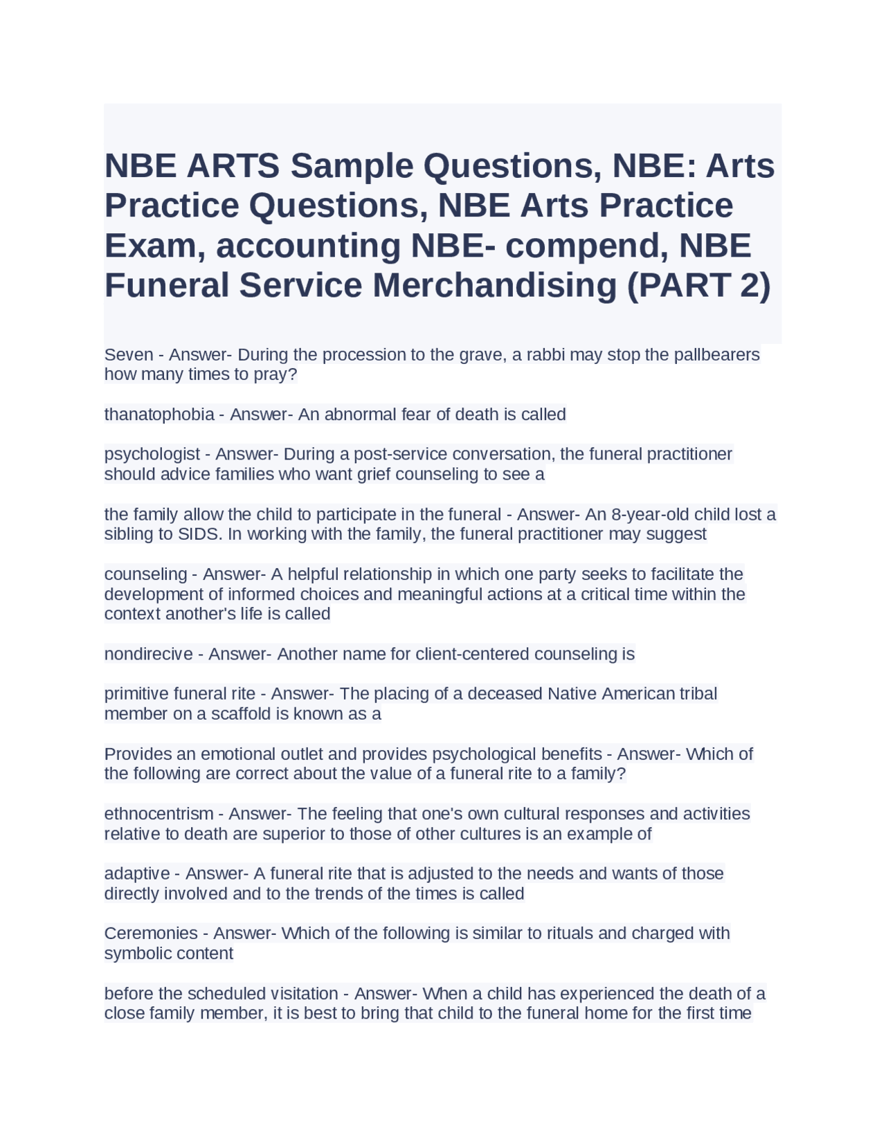 NBE ARTS Sample Questions, NBE Arts Practice Questions and Answers